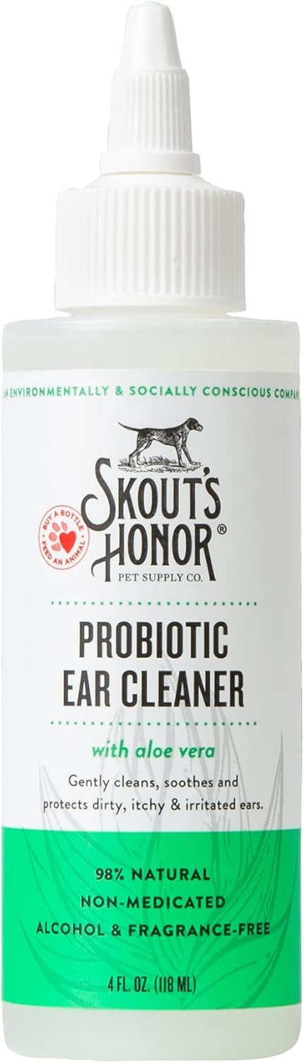 SKOUT’S HONOR Probiotic Dog Ear Cleaner Solution with Aloe Vera – Alcohol-Free, Fragrance-Free, Non-Medicated Ear Wash for Dogs – Microbione Friendly Certified, 4 oz.,