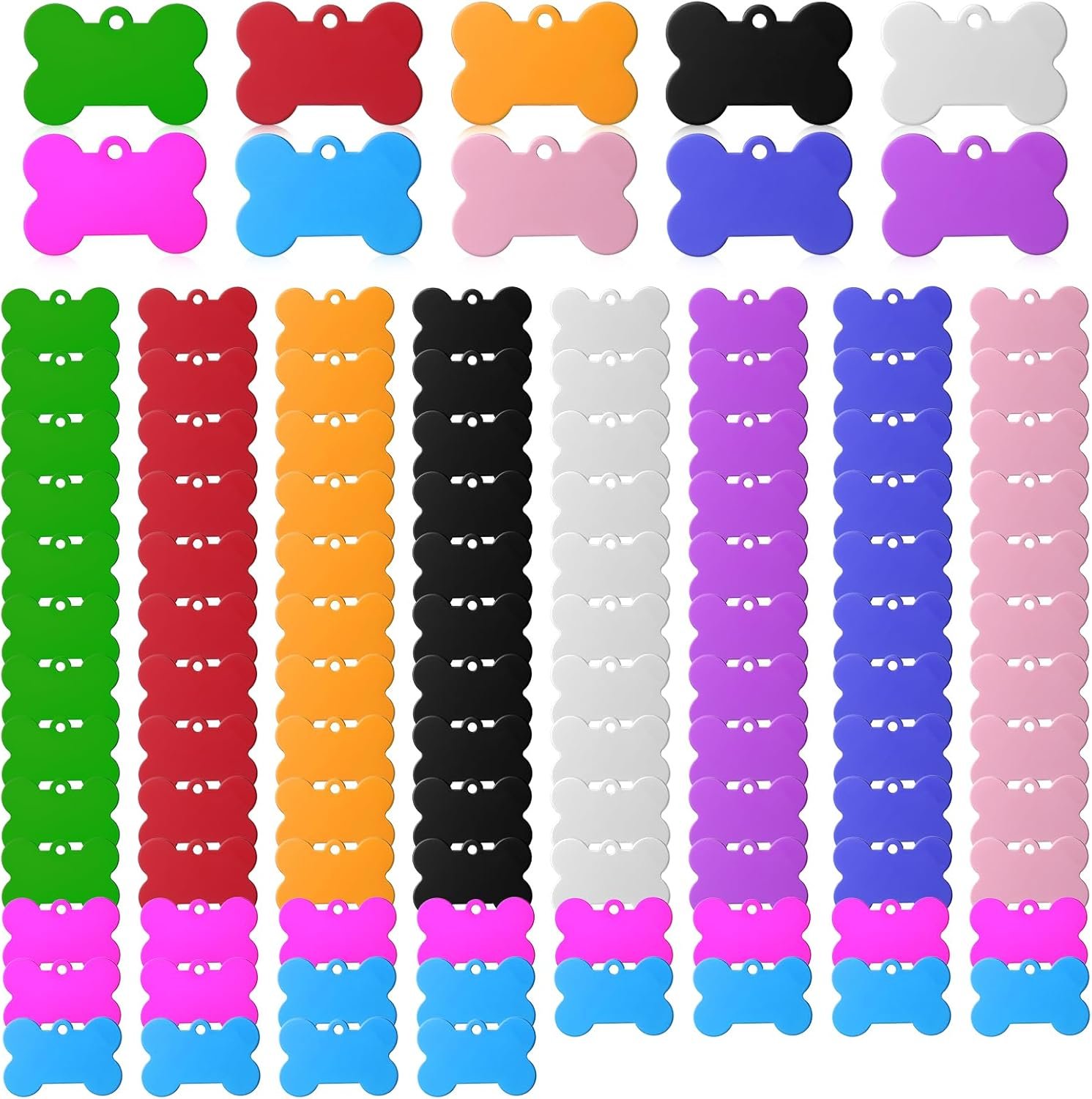 100 Pcs Blank Dog Pet ID Tags Number for Engraving 38MM Aluminum Bone Shape Name Tag Colorful Double Sided Dog Cat Phone Number Tag Pendants