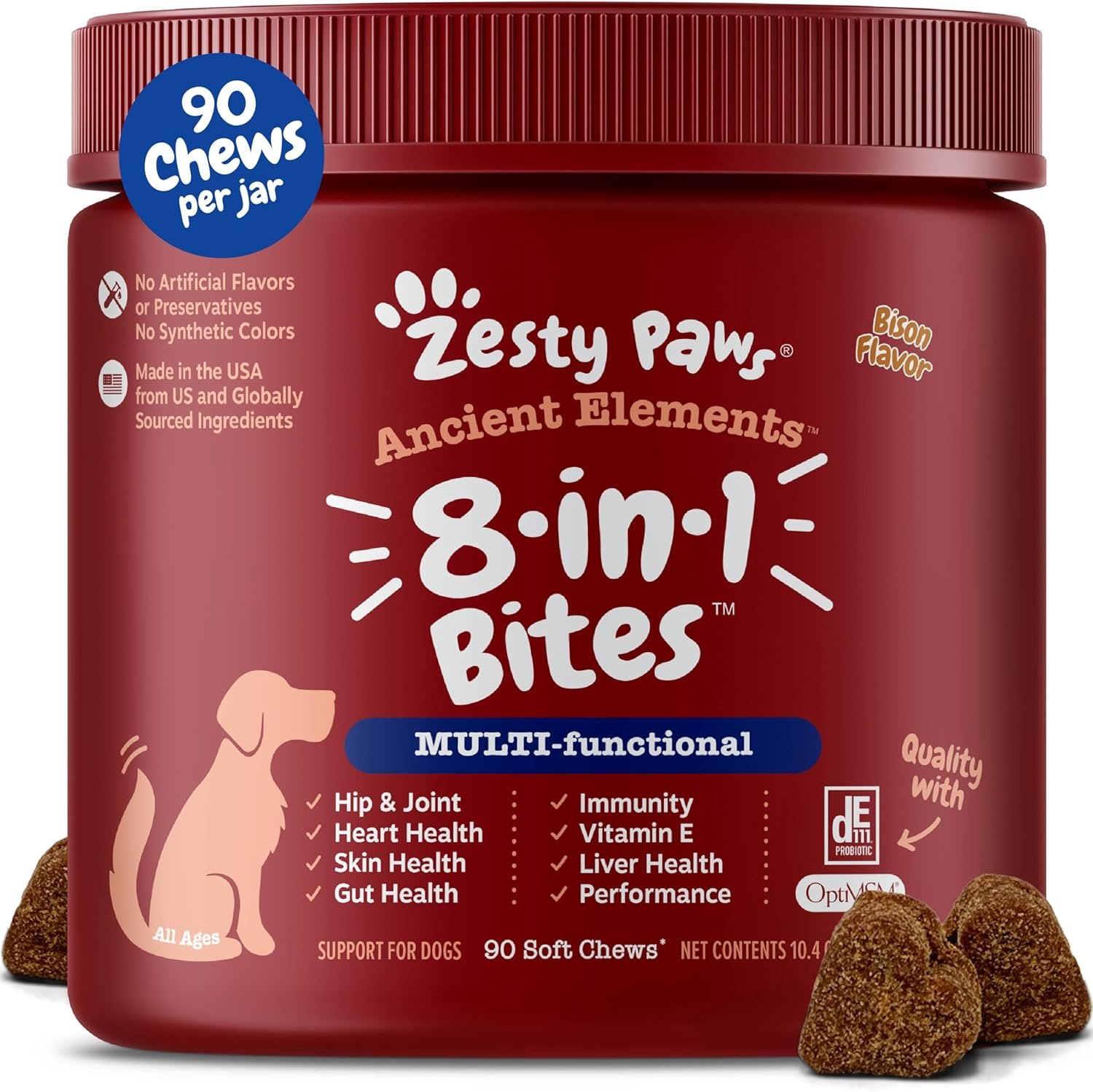 Zesty Paws Dog Multivitamin, Chewable Dog Vitamins and Supplements for Hip & Joints, Skin & Coat, Omega 3 Fish Oil for Dogs- Senior & Puppy Multivitamin – Bison- 90ct