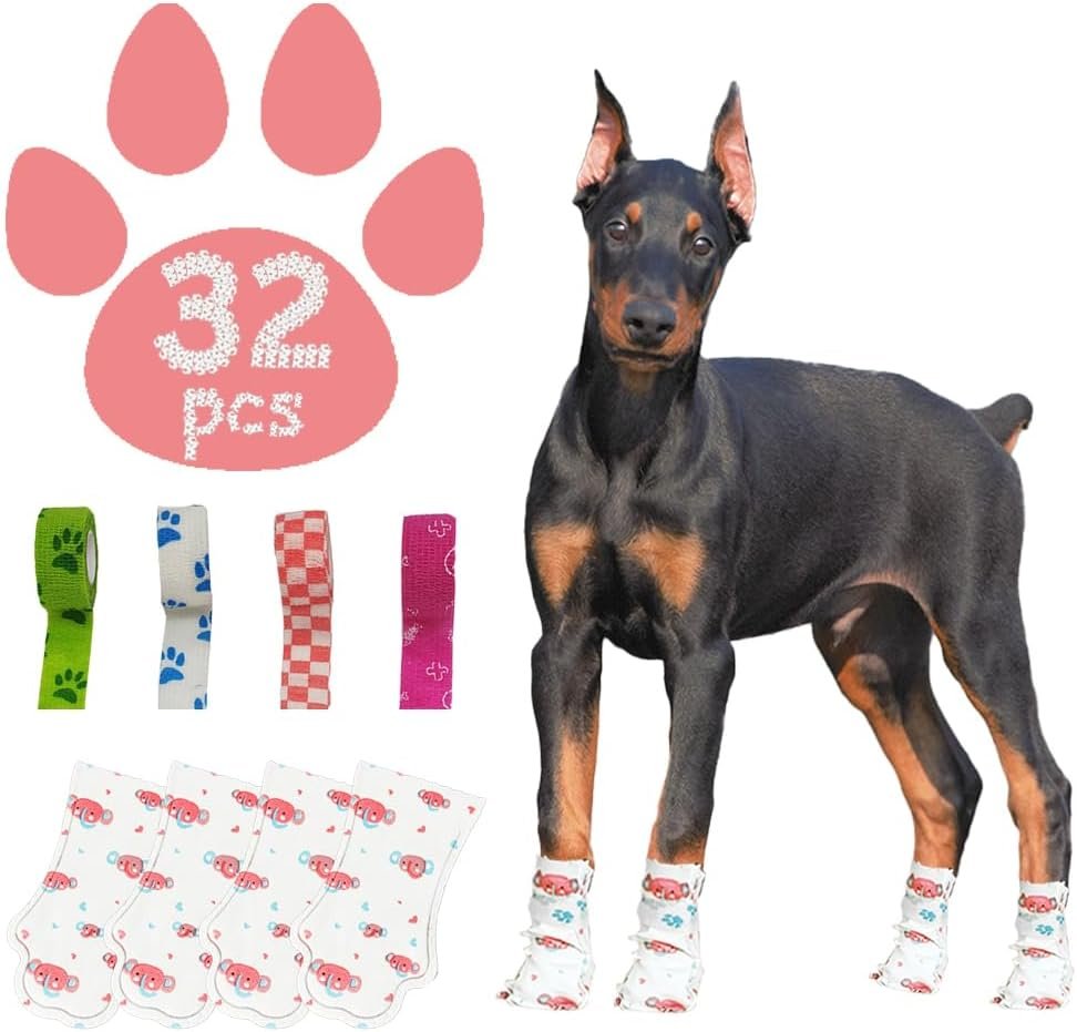 Disposable Dog Booties for Dogs Cats Paw Protector,Waterproof and Breathable with Adjustable Bandage,32Pcs Pet Booties for Small Medium Large Dogs Indoor & Outdoor Use(L,Paw Width:2.57~3.15inches)