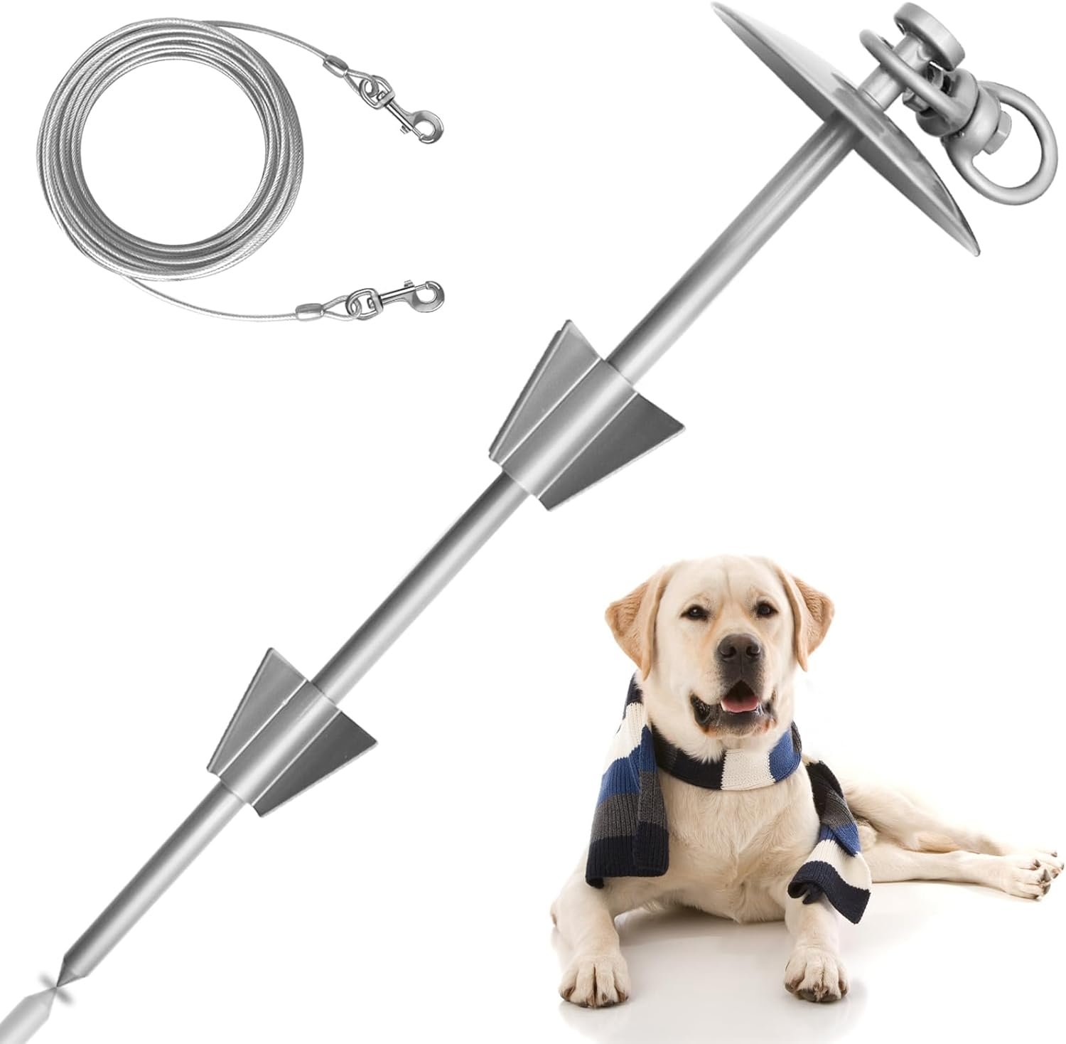 Heavy Duty Dog Tie Out Stake with 10FT Dog Cable for Large Up to 150 Lbs, Spiral Dog Stake for Outside Easy to Install, 360° Swivel Stake for Yard, Camping, Beach