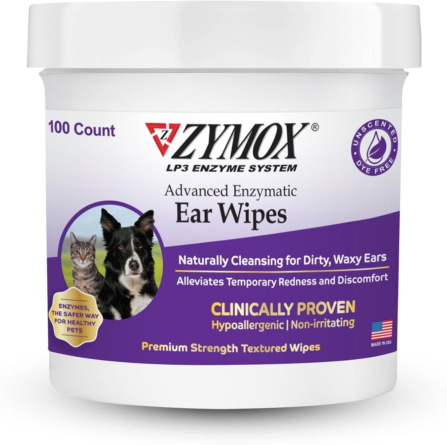 Zymox Advanced Enzymatic Ear Wipes for Dogs and Cats – for Dirty, Waxy, Smelly Ears – Premium Strength Ear Cleaner Wipes – Non-Irritating – Hypoallergenic – 100 ct