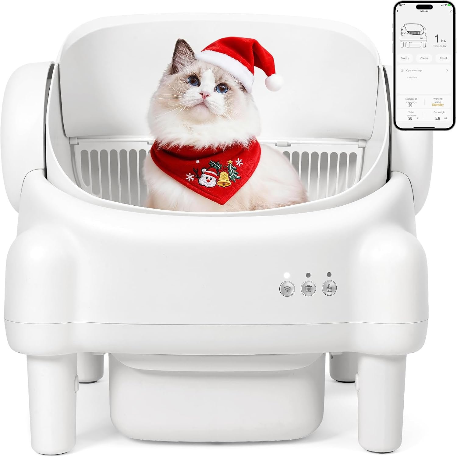 Self Cleaning Litter Box,Open Top Automatic Litter Box with App Control for Multiple Cats, Safety Sensors Protection, Odor Control Includes 2 roll Liners,Large Waste Bin, Cream White