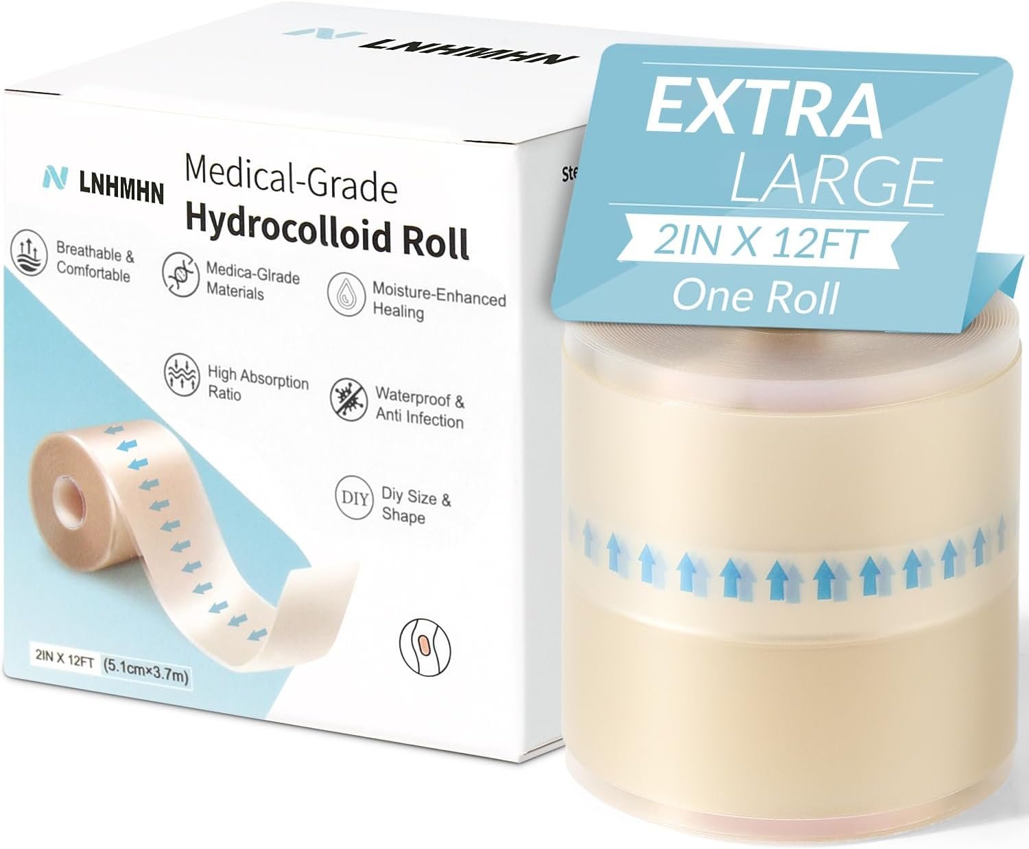 Hydrocolloid Roll for Wound Care, Cut-to-Size – Hydrocolloid Bandages with Self-Adhesive, Ultra Absorbent, Waterproof, Burn, Acne, Scar Care, First Aid Kit Essential (2IN*12FT)