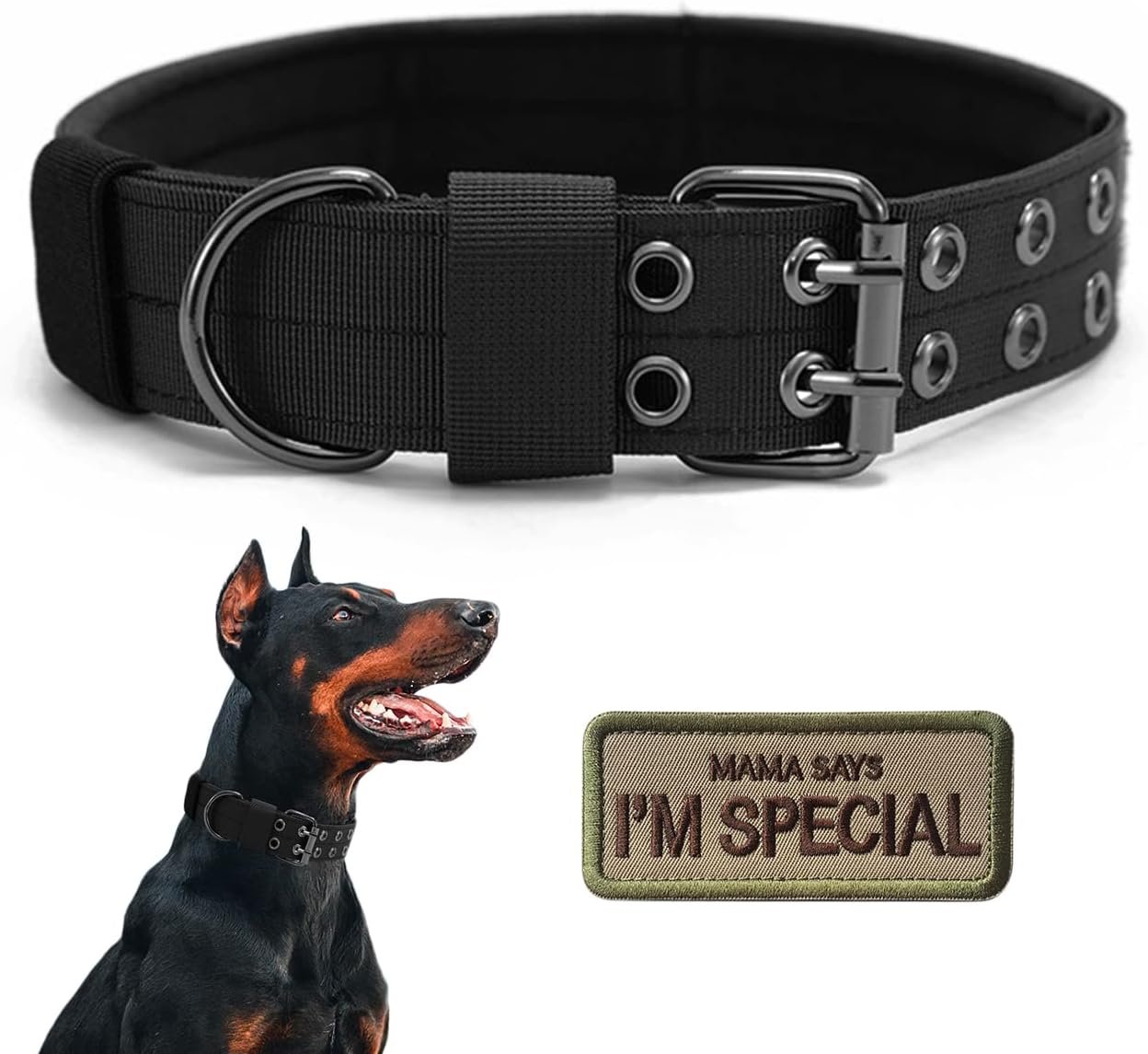 Tactical Dog Collar Military Adjustable Dog Collars Soft Nylon Training Collar with Patch Heavy Duty Metal Buckle Collars for Medium Large Dogs (Black, M)