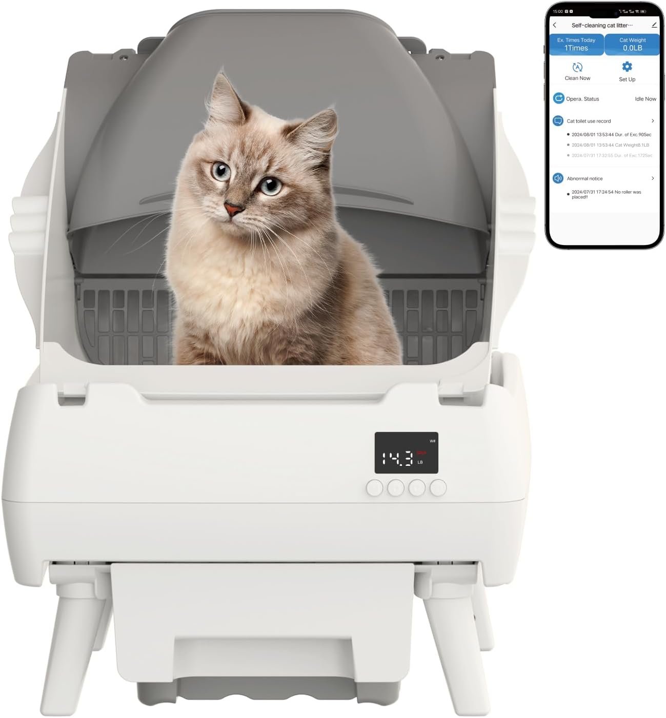 Automatic Cat Litter Box Self Cleaning – App Control, Open-Design, Smart Health Monitor, Suitable for Medium Cats and Kittens, Anti-Pinch Safety, Quiet Operation, A Trusted Companion for Life – White