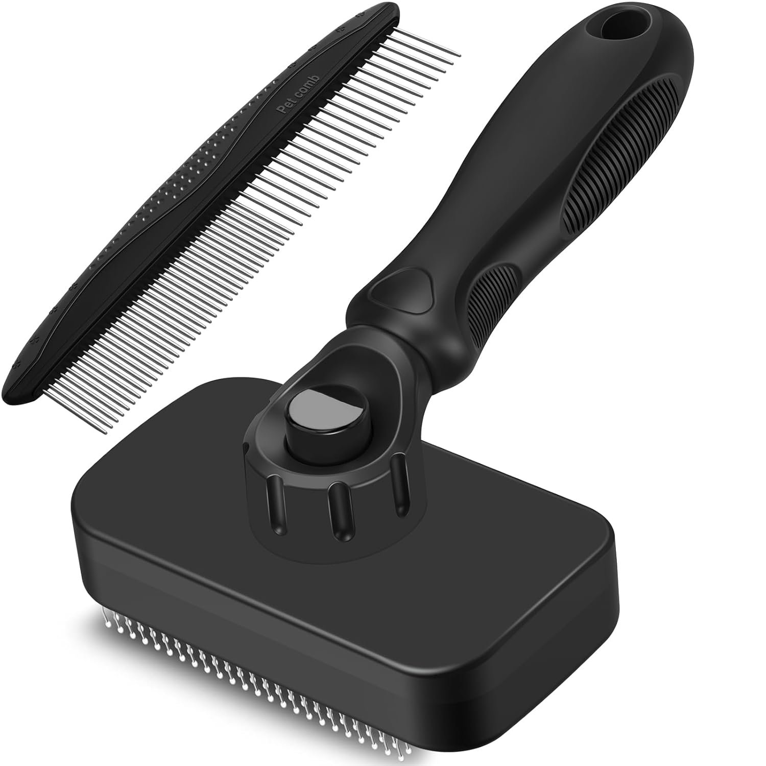 2PCS Self Cleaning Slicker Brush & Dog Comb – Skin Friendly Deshedding Grooming Tool for Dogs, Cats and Small Animals, Professional Deshedding Dematting Tool for Long and Short Haired Pets (Black)