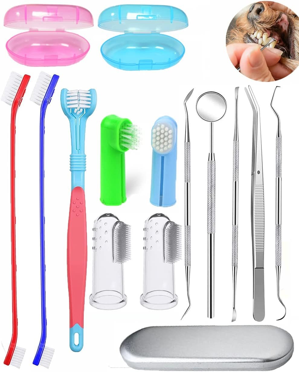 Dog Tooth Brushing Kit,Pet Toothbrush Kit,Professional 3 Sided Dog Toothbrush, Finger Toothbrush,Long Handle Toothbrush,Metal Tools Included,Complete Tooth Cleaning Kit for Pets(15PCS)