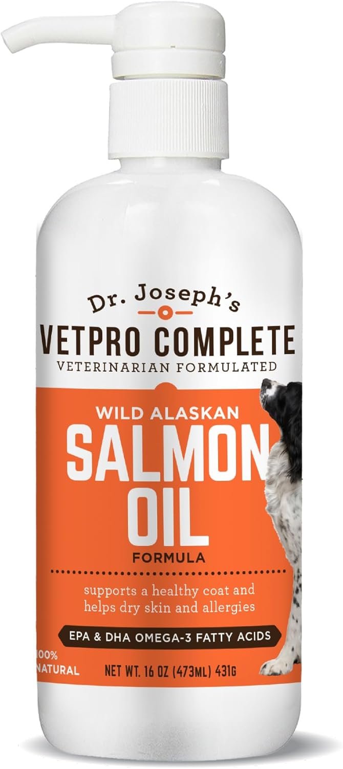 Dr. Joseph’s VetPro Complete Wild Alaskan Salmon Oil Supplement for Dogs & Cats, 16 Ounces, Omega 3 & 6 Liquid Fish Oil, EPA + DHA Fatty Acids, Coat & Joint Support, Helps Dry Skin & Allergies