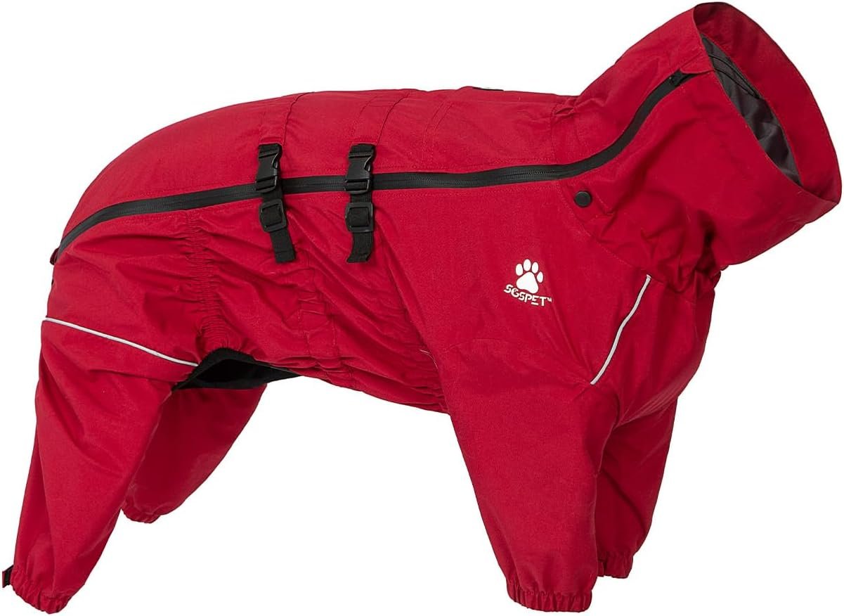 Waterproof Pet Raincoat, 4 Legs Design with Leash Hole and Reflective Strips, Lightweight Poncho for Small to Medium Dogs, Puppy Rain Jacket (Red, 3XL+)