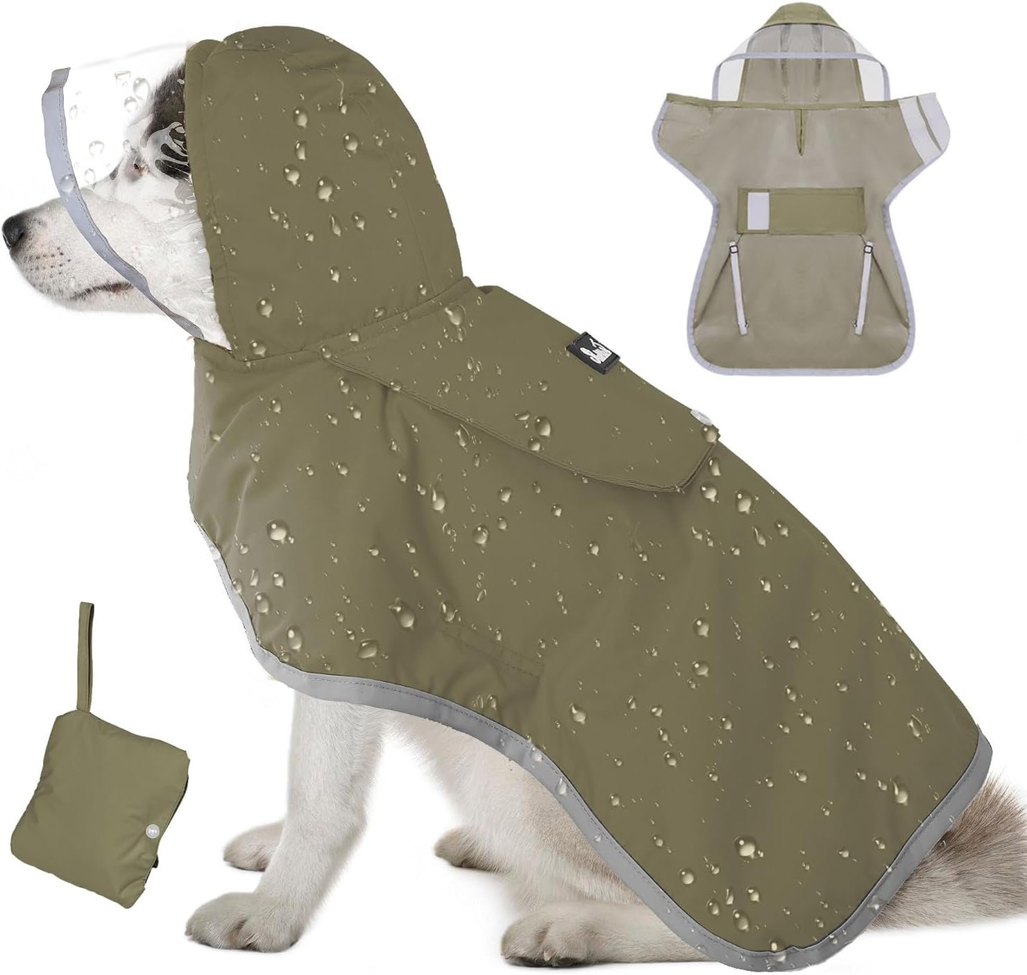 Lukovee Dog Raincoat – Lightweight Hooded Dog Rain Coat for Large Medium Small Dogs, Adjustable Poncho Jacket with Reflective Stripes & Built-in Storage Pocket (Green, Medium)