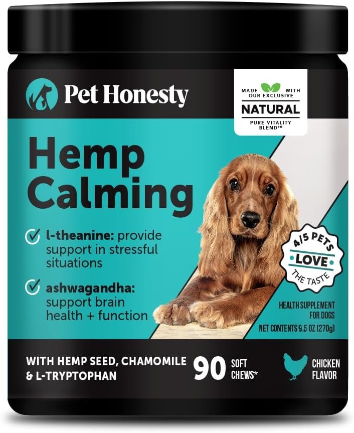 Natural Hemp Calming Chews for Dogs – Calming Aid Supplement for Occasional Anxiousness with Valerian Root, Chamomile, + Magnesium – Stress, Separation & Thunder Support – (Chicken, 90 Count)