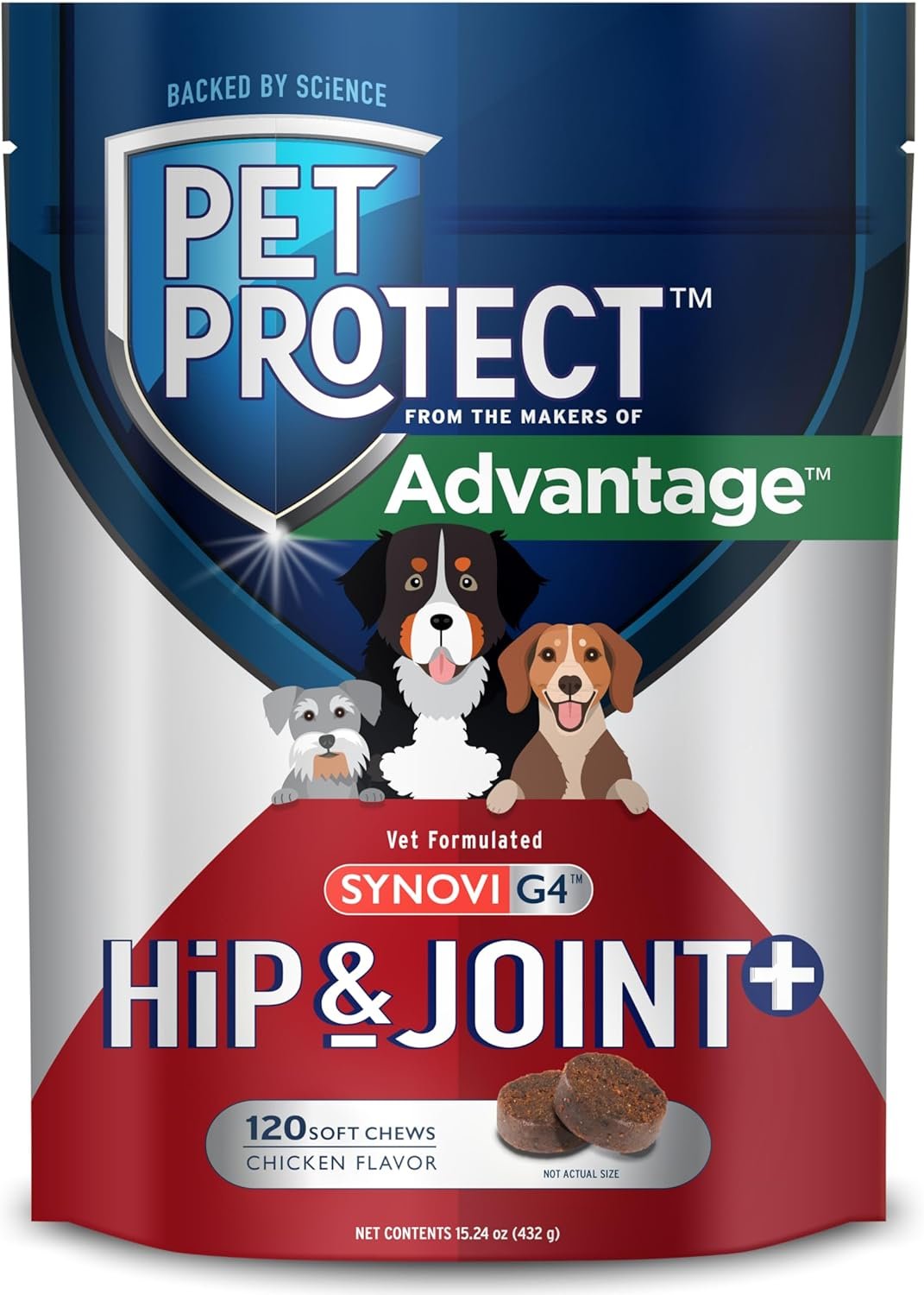 Pet Protect Dog Hip & Joint+ Supplement for Active & Aging Dogs, Vet-Formulated Synovi G4, Dog Glucosamine, Chicken-Flavored Soft Chews (120 Count)