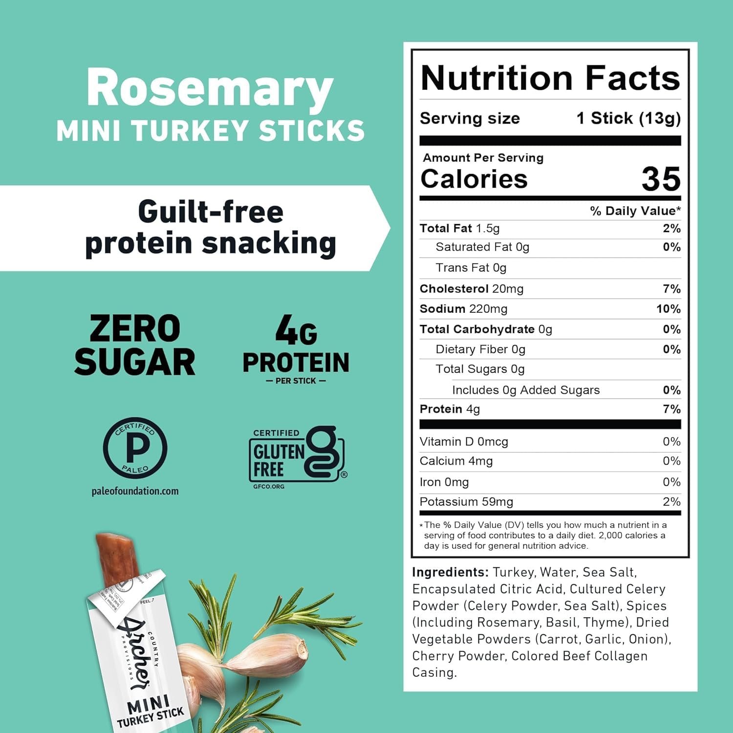 Country Archer Mini Turkey Jerky Sticks – All Natural Turkey Sticks, Meat Snack for People, Gluten Free, Keto Protein Snack, Rosemary Flavor – 0.5 oz (Pack of 12)