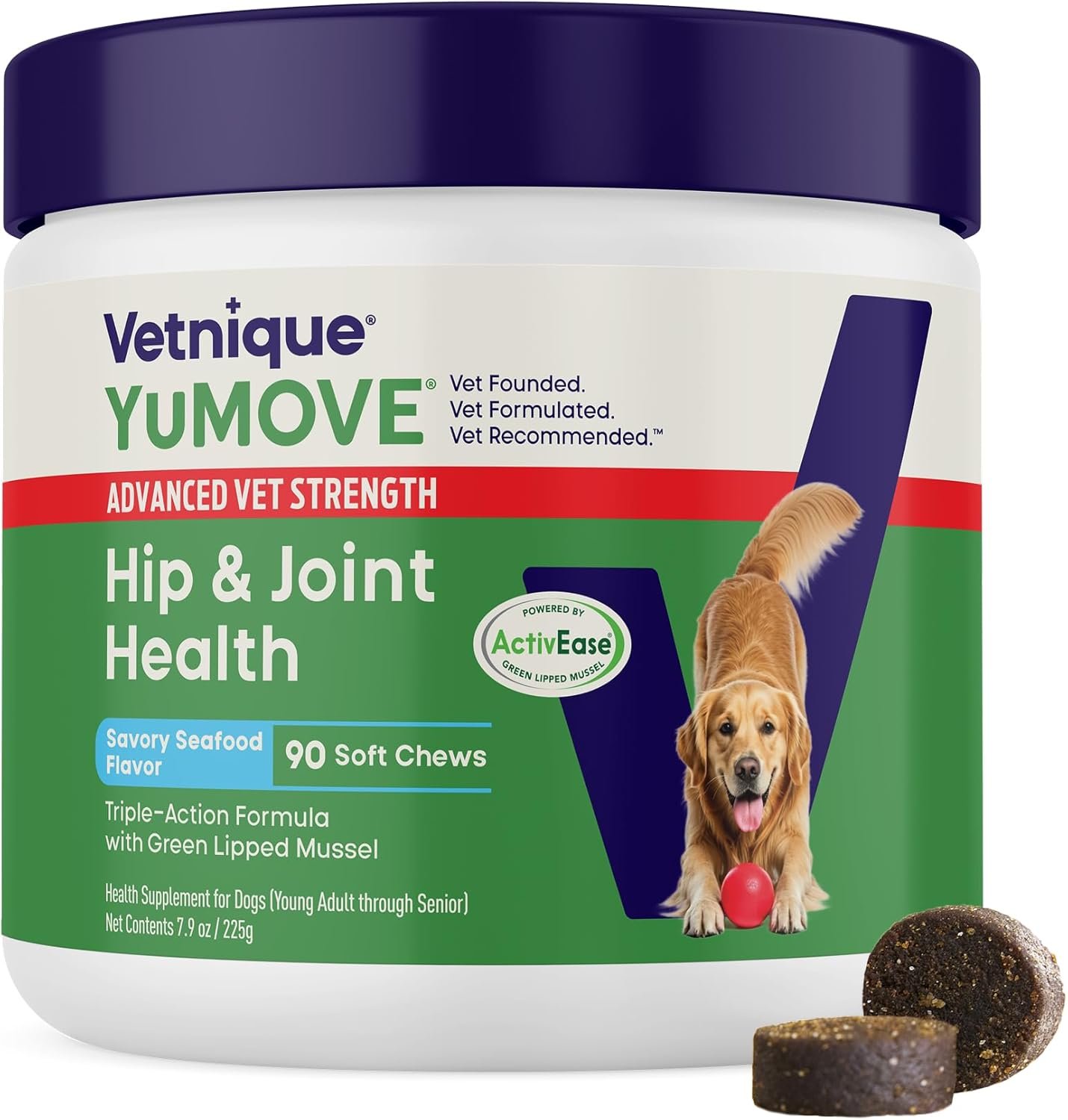 Yumove Hip & Joint Supplement for Dogs with Glucosamine, Hyaluronic Acid, Green Lipped Mussel & Omega 3 Joint Supplement – Regular or Advanced Strength (90 Count, Advanced Vet Strength Soft Chews)