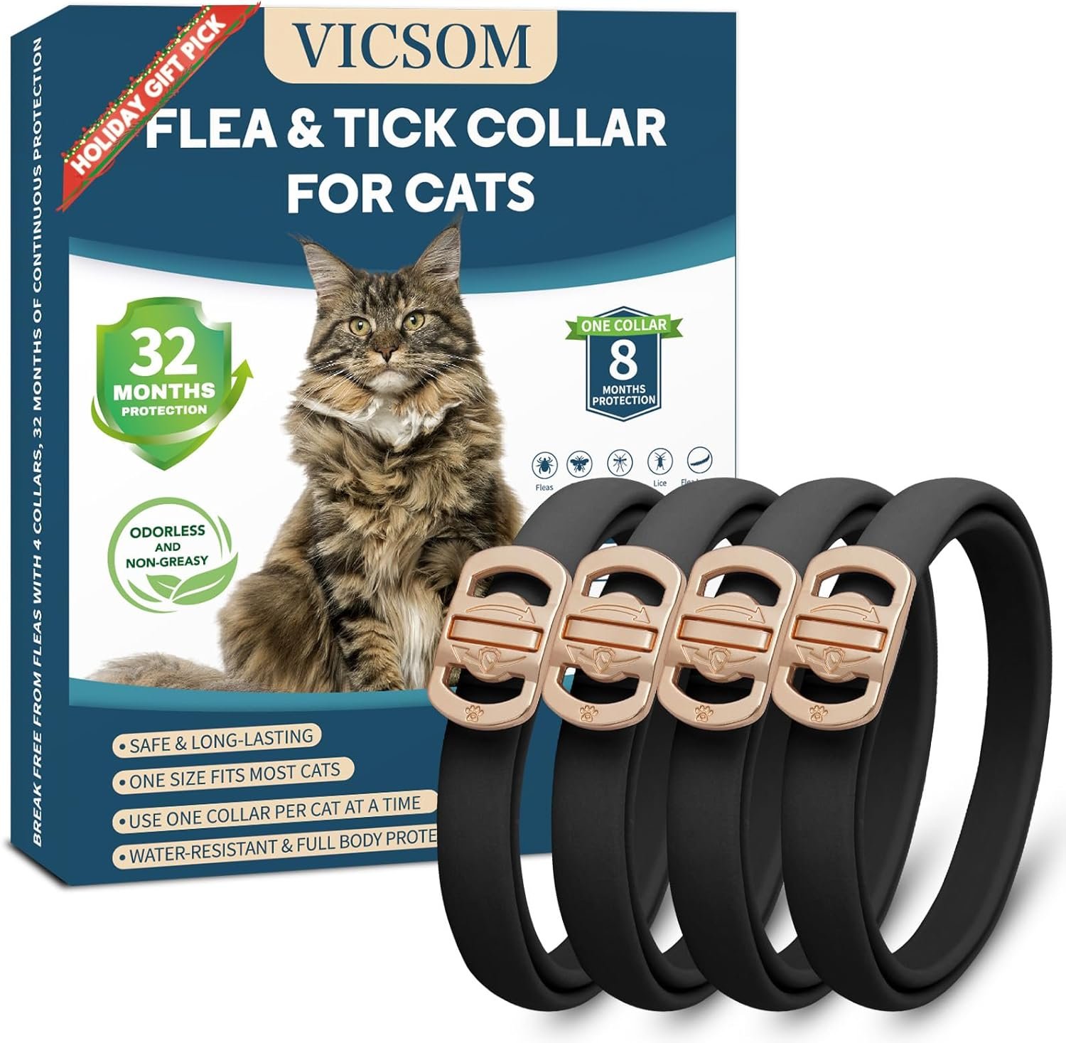 Flea and Tick Collar for Cats – 4 Pack, 32 Month Protection Treatment, Waterproof, Natural Prevention, Adjustable for Cats & Kittens (Black)