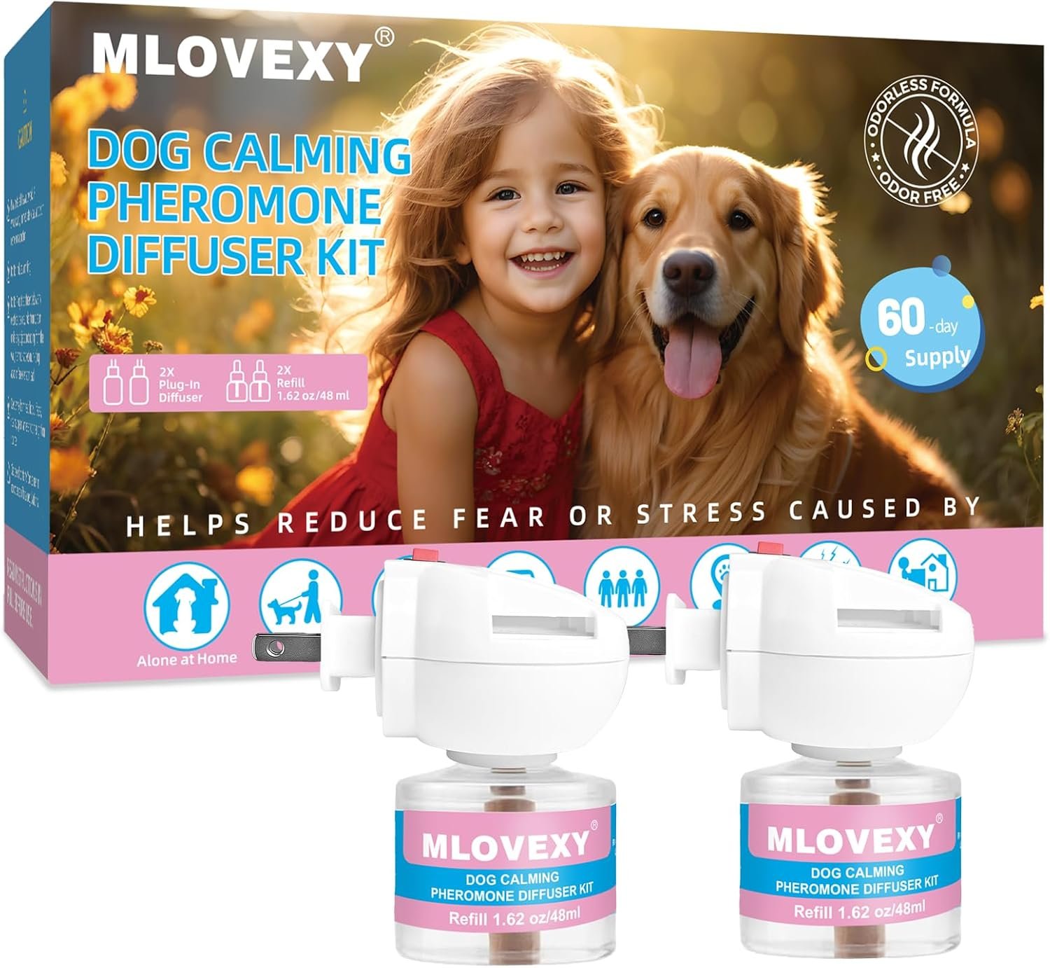 Dog Calming Diffuser for Dog Anxiety Relief, Dog Pheromones Calming Diffuser, Dog Calming Diffuser to Reduce Barking Aggression Fighting Stress, Stop Peeing(2 Refills 2 Diffusers)