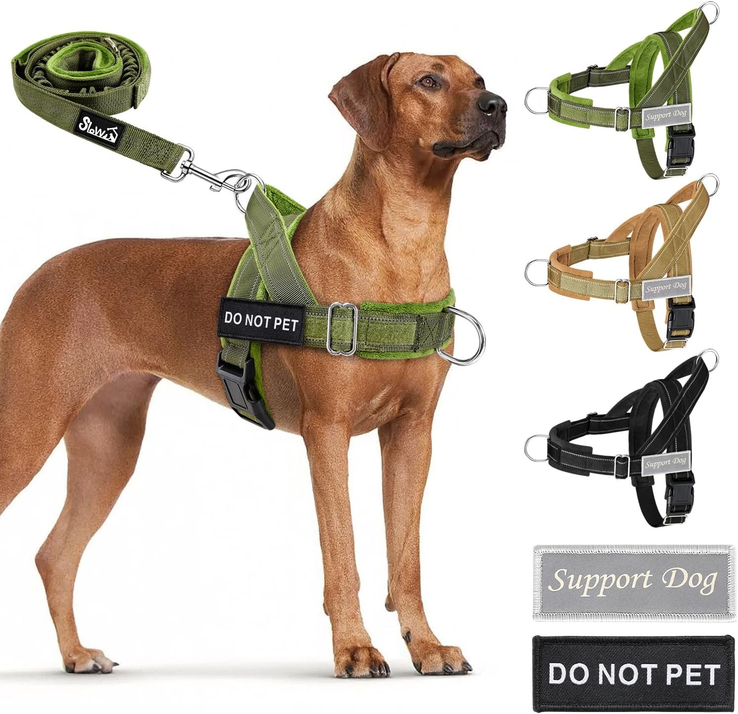 SlowTon No Pull Dog Harness – Heavy Duty Dog Harness and Leash Set for Medium Large Dogs, Reflective Tactical Harness with Soft Padded and Front Clip for Easy Walk and Training (Green L)