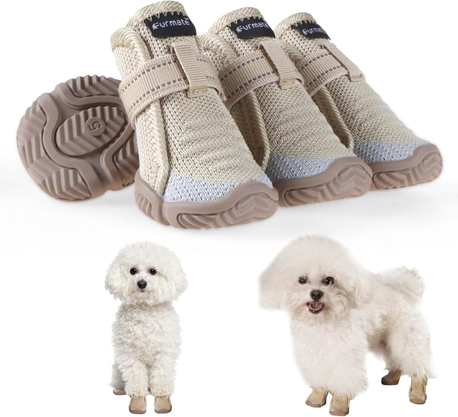 Dog Shoes for Small Dogs, Breathable Puppy Dog Boots & Paw Protectors for Summer Hot Pavement Winter Snow, Dog Booties with Reflective Strips, Anti-Slip Sole for Hardwood Floors (Beige-Size1)