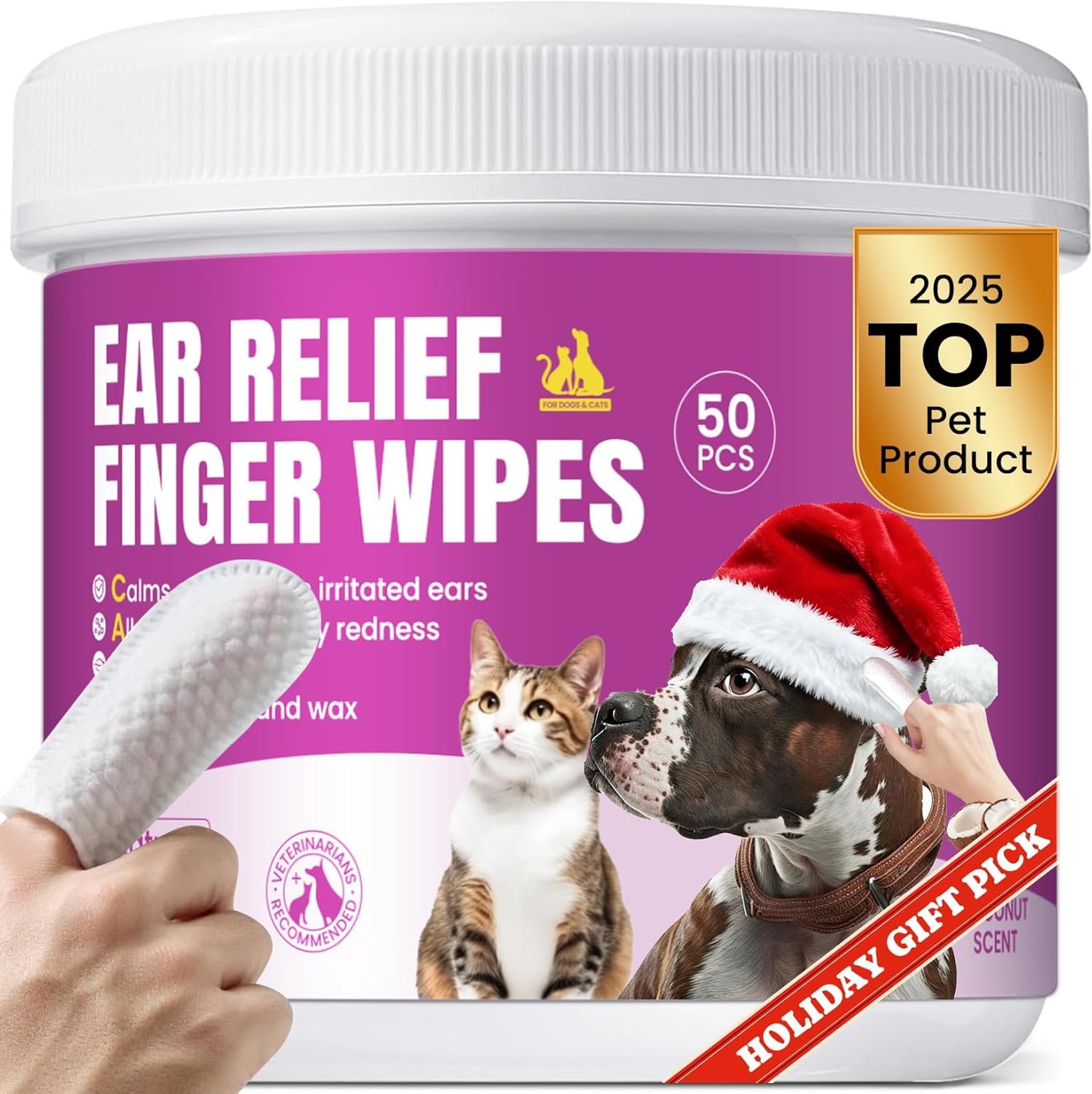 Pet Ear Cleaning Finger Wipes for Dogs & Cats – Dog Ear Cleaner with Aloe, Coconut Oil & Ginseng – Finger Dog Ear Wipes to Relieve Ear Itching, Infections, Wax & Smelly Ears – 50 Ct – Coconut Scent