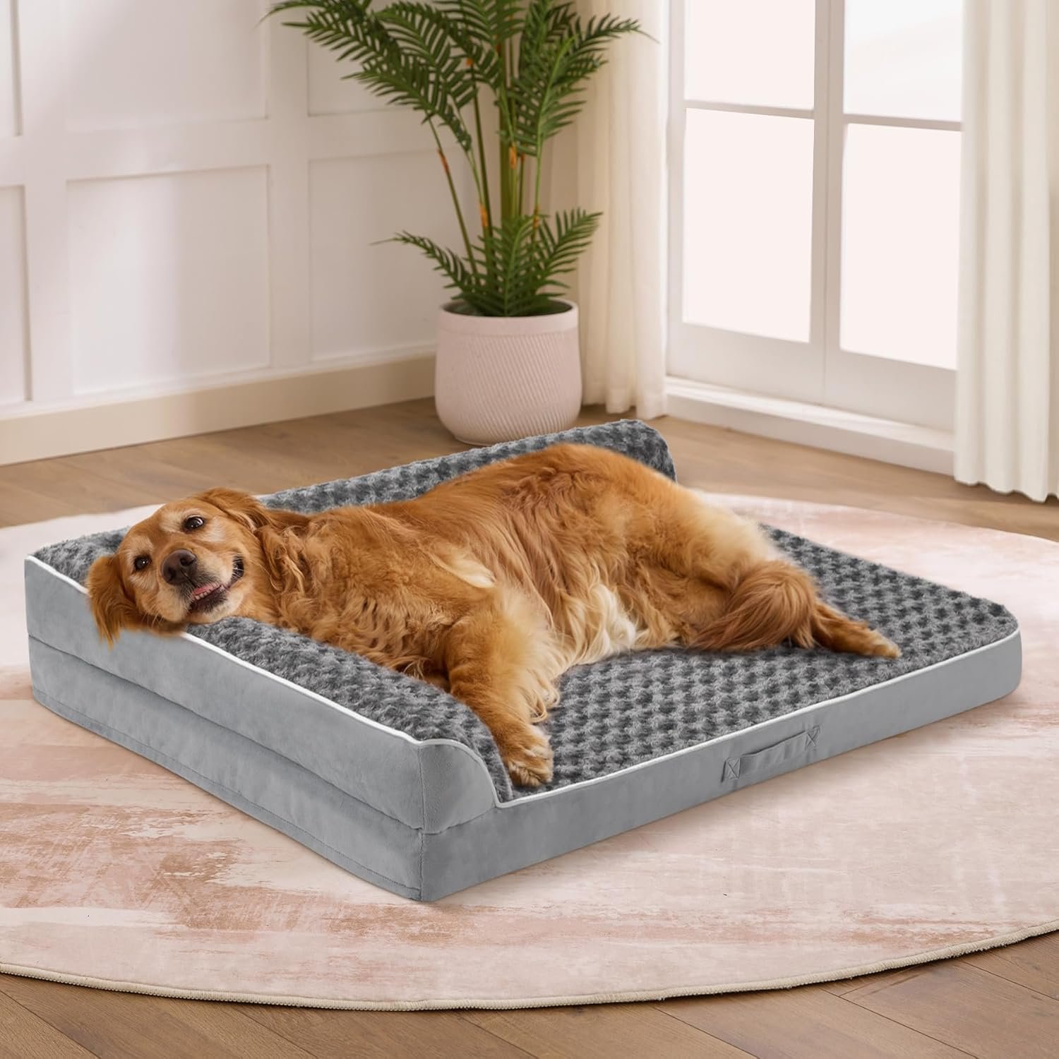 Dog Beds Large Sized Dogs, XL Orthopedic Dog Beds for Large Dogs 42″x30″x7.5″, Waterproof Pet Bed with Washable Cover, L-Shaped Pet Couch with Portable Handle, Grey