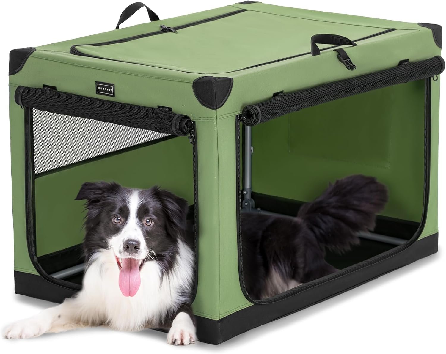 PETSFIT Soft Dog Crate, Dog Travel Crate – 36 Inch Lightweight, Easy Setup, sturdy Portable Dog Crate, Adjustable Framework with 3 Mesh Door, Soft Sided Collapsible Dog Kennel Green