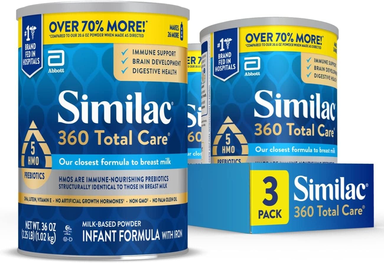 Similac 360 Total Care Infant Formula, Has 5 HMO Prebiotics, Our Closest Prebiotic Blend to Breast Milk, Non-GMO, Baby Formula Powder, 36-oz Value Can, Pack of 3