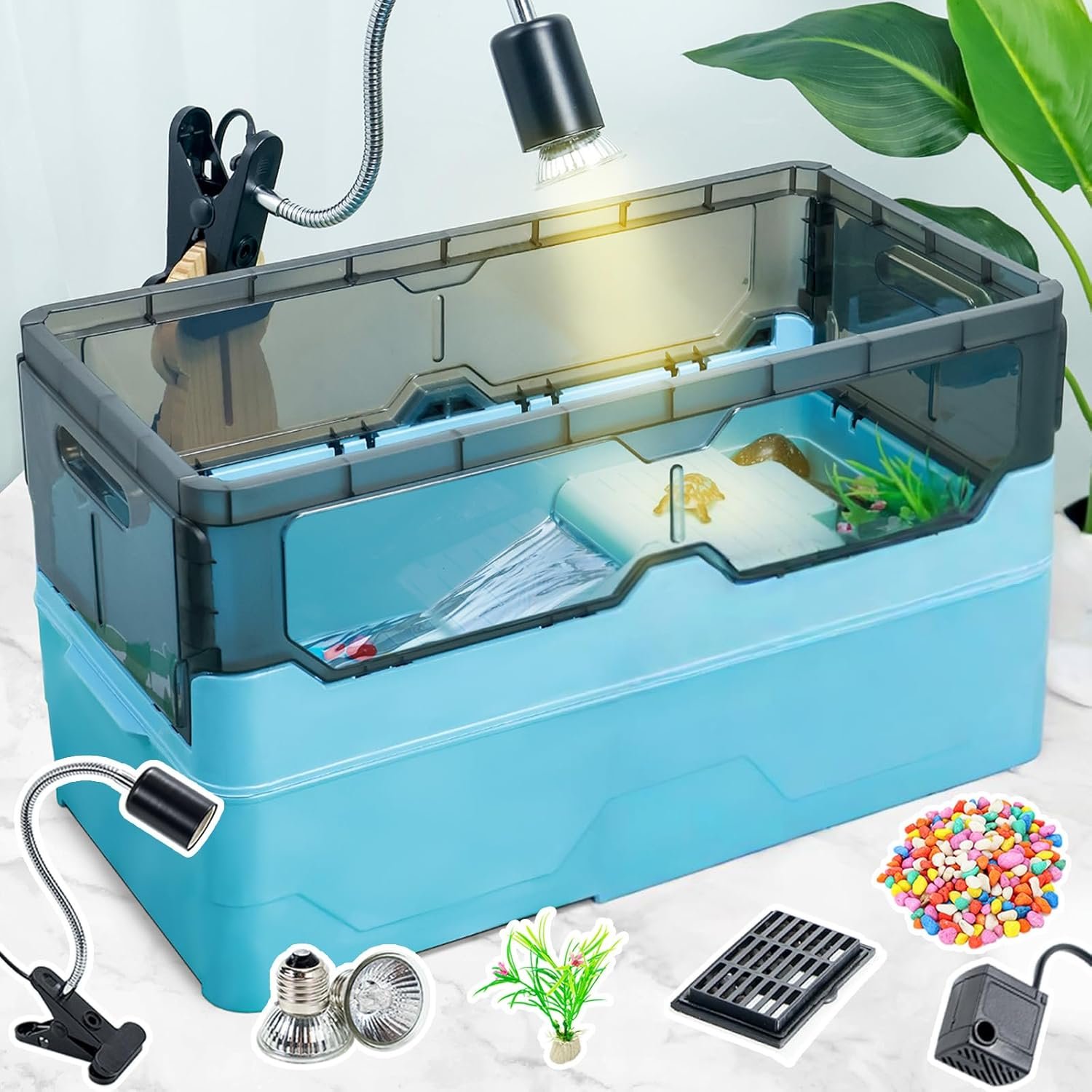 Complete Turtle Tank Kit with Heat Lamp Filter and Wheels Aquatic Turtle Habitat and Aquarium for Small Turtles Hermit Crabs and Frogs Featuring Escape Proof Design and Easy Move Mobility Blue