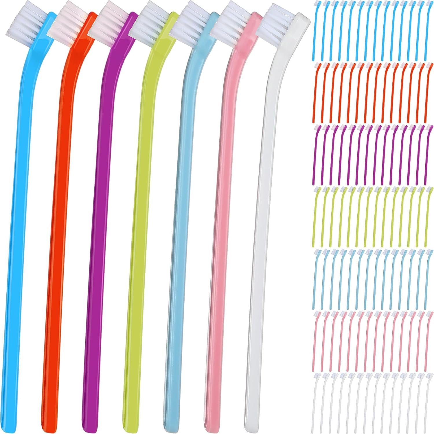 Tioncy 100 Count Small Dog Toothbrush Bulk Pack Long Handle Pet Toothbrushes with Soft Bristles, Dental Care Teeth Cleaning Kit for Small Breed Dogs, Cats, and Puppies (7 Colors)