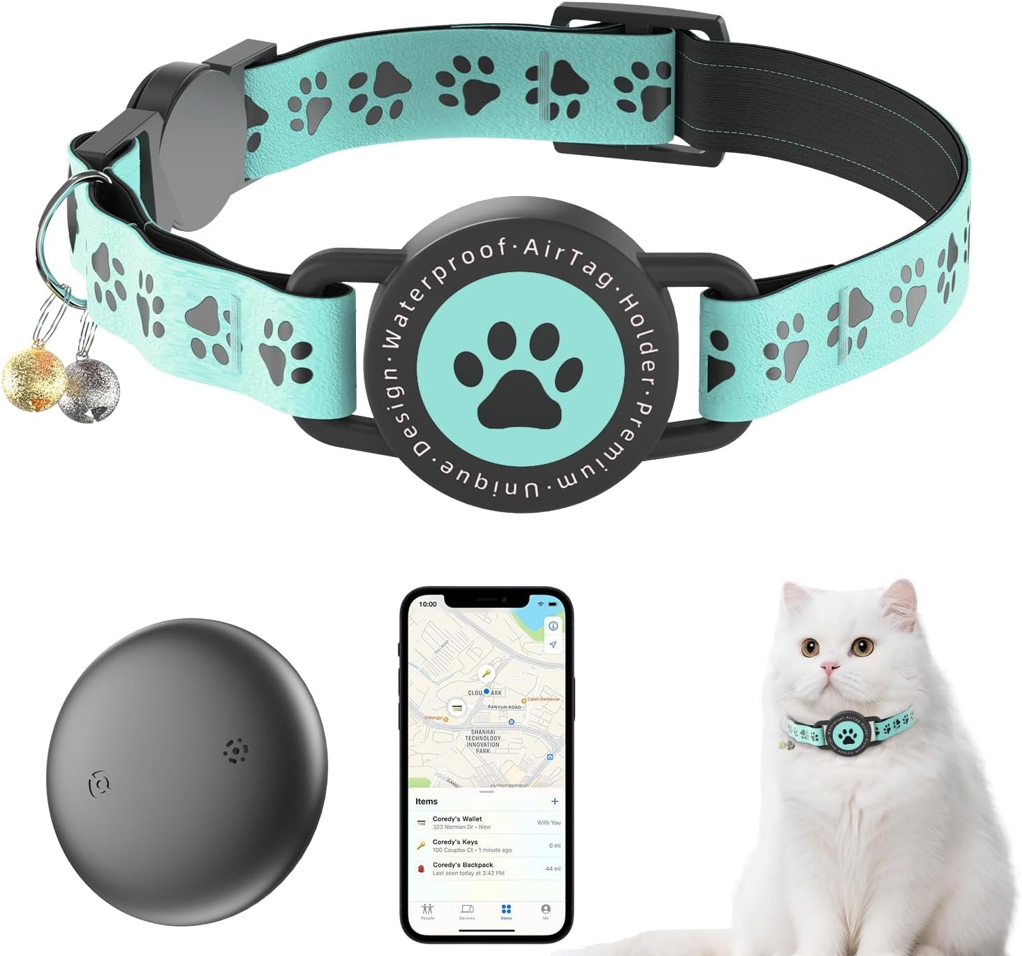 GPS Tracker for Cats, Mini GPS Cat Tracker,Waterproof Trackers Cats Collar with Bells,No Subscription, GPS Cat Collar, Adapt with Apple Find My (iOS Only) Finder Tag for Vehicles, Pets, Kids (Blue)
