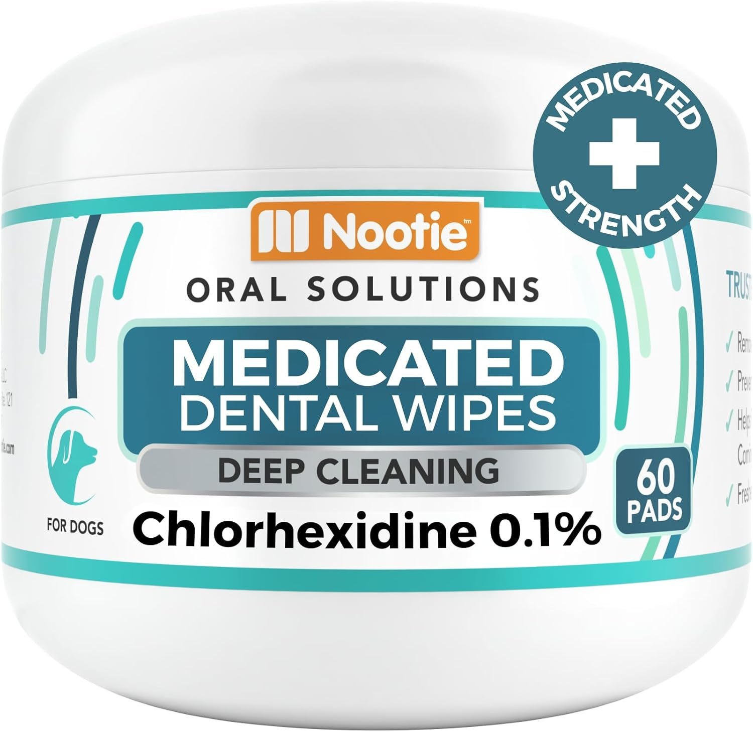 Nootie Medicated Dental Wipes for Dogs, Cleans Teeth and Freshens Breath for Dogs – Prevents Plaque and Tartar Dog Oral Care, 60 Count