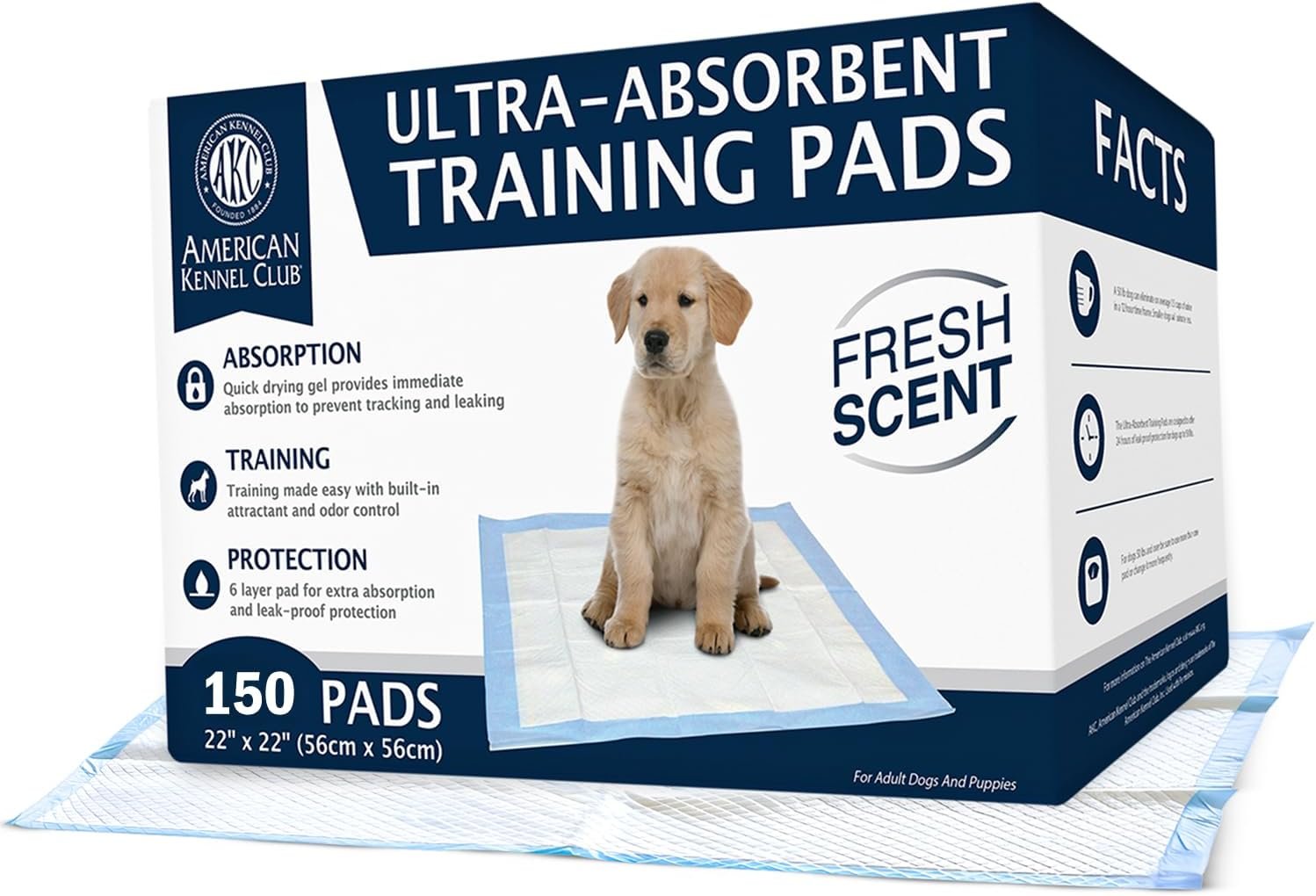 American Kennel Club Ultra Absorbent Odor Control Scented Training Pads For Dogs Leak-proof Quick Dry Gel – 22 x 22 Puppy Pads – Fresh Scented – Pack of 150