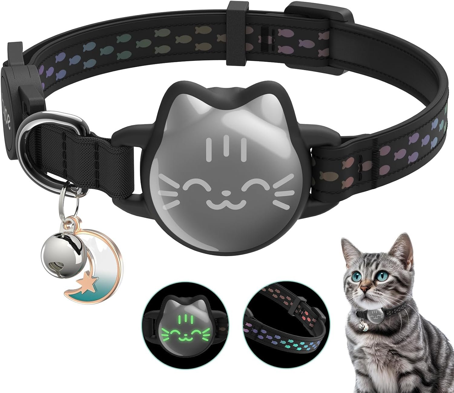 Waterproof Airtag Cat Collar, Breakaway Cat Airtag Collar with Luminous & Reflective Fish Pattern, Lightweight Kitten Collars for Apple Air tag, Hidden GPS Tracker Holder for Cats, Kittens(9-13″)