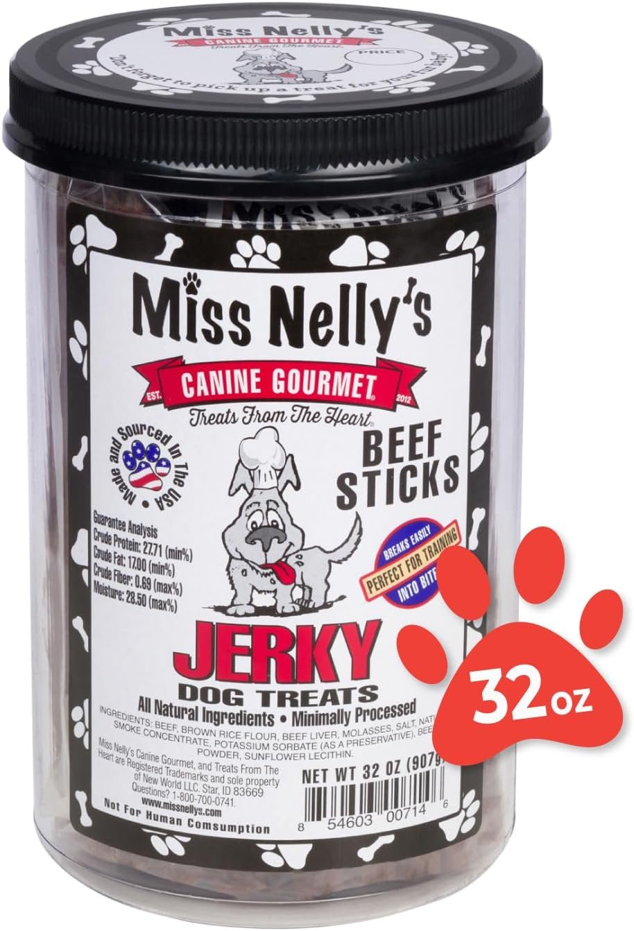 Miss Nelly’s- All Natural Beef Jerky Dog Treats Made in USA Only-Original Smoke House Recipe-Minimally Processed Soft Sticks Dog Jerky Treats-32 oz. Jar