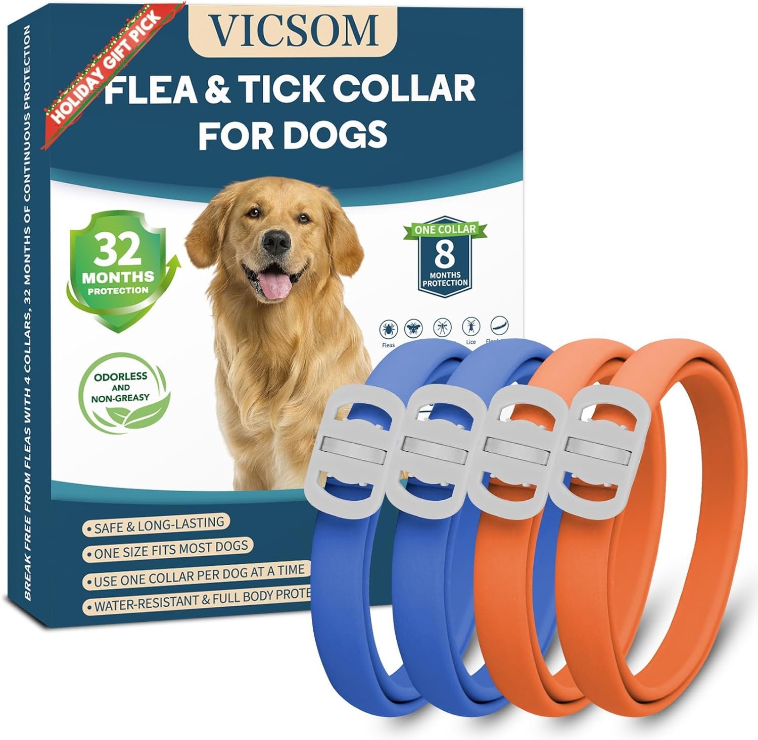 Dog Flea and Tick Collar 4 Pack, Waterproof Adjustable Collar for Dogs and Puppies, 32-Month Prevention, Blue & Orange