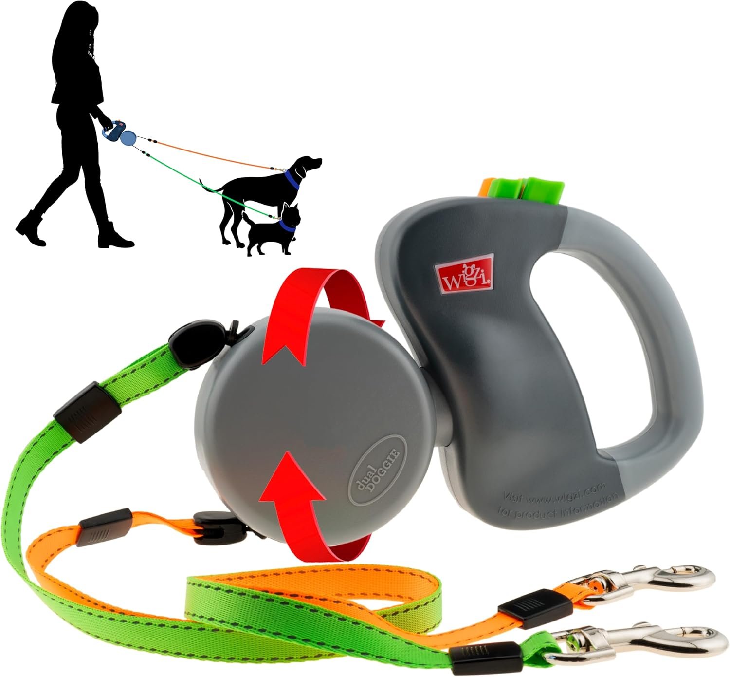 WIGZI – 2025 Enhanced Edition – Dual (2) Dog Retractable Leash, Auto-Untangles, Supports Up To 50lb Dogs, 10ft Distance Each Dog, Color-Coded Control, Reflective Leads, Waterproof, Gray Color