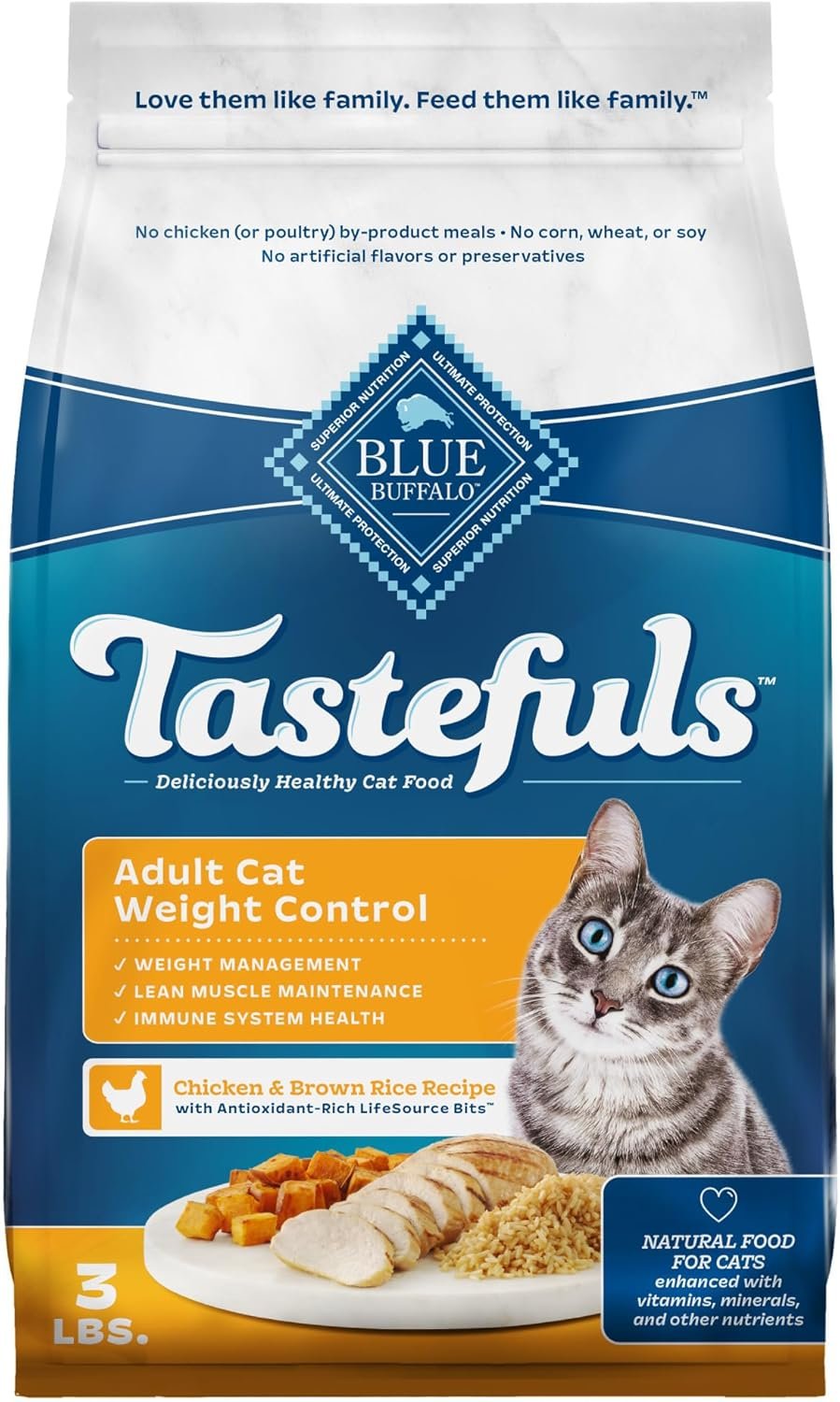 Blue Buffalo Tastefuls Adult Dry Cat Food for Weight Management, Made in the USA with Natural Ingredients, Chicken Recipe, 3-lb. Resealable Bag