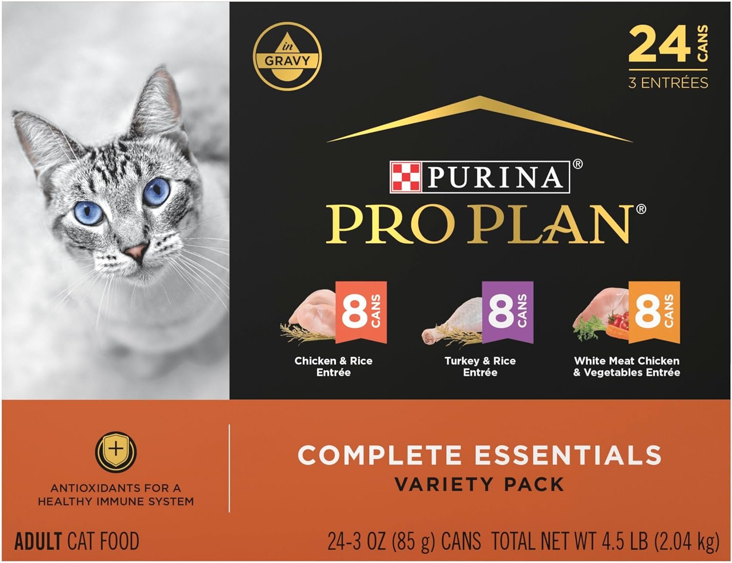 Purina Pro Plan Gravy, High Protein Wet Cat Food Variety Pack, Complete Essentials Chicken and Turkey Favorites – (Pack of 24) 3 oz. Cans