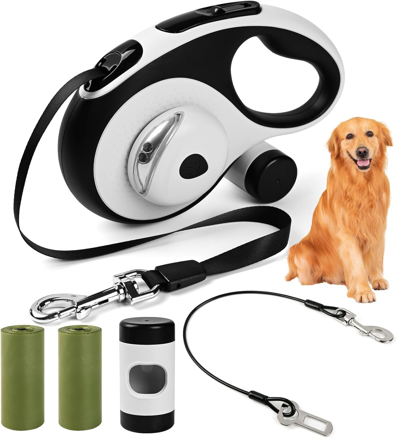 Heavy Duty Retractable Dog Leash for Large Dogs, 26ft Dog Leash with Poop Bag Holder, Up to 110lbs, chew Proof Cable, LED Light, 360° No-Tangle, One-Handed Pause & Locked. (White, L 26ft)