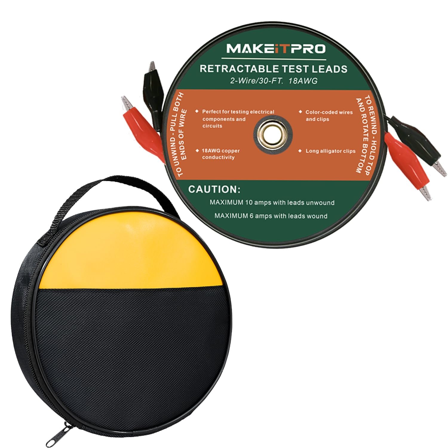 Retractable Test Leads 2 Wires 30FT 18AWG Aligator Clips in Reel with Cable Bag for Circuit Connection/Electrical Testing and Troubleshooting