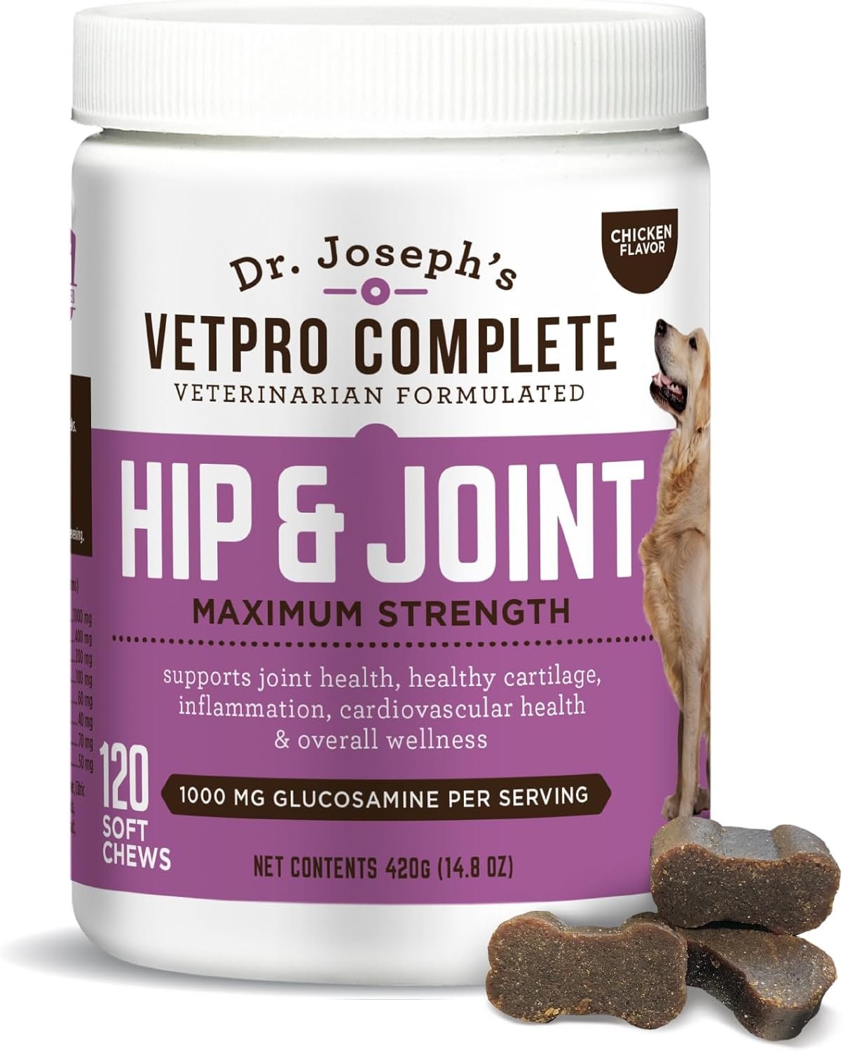 Dr. Joseph’s VetPro Complete Dog Hip and Joint Supplement, 120 Count, Chicken Flavored Pain and Inflammation Relief Chews with Glucosamine, Chondroitin, MSM, Turmeric, Vitamin C, Omega 3