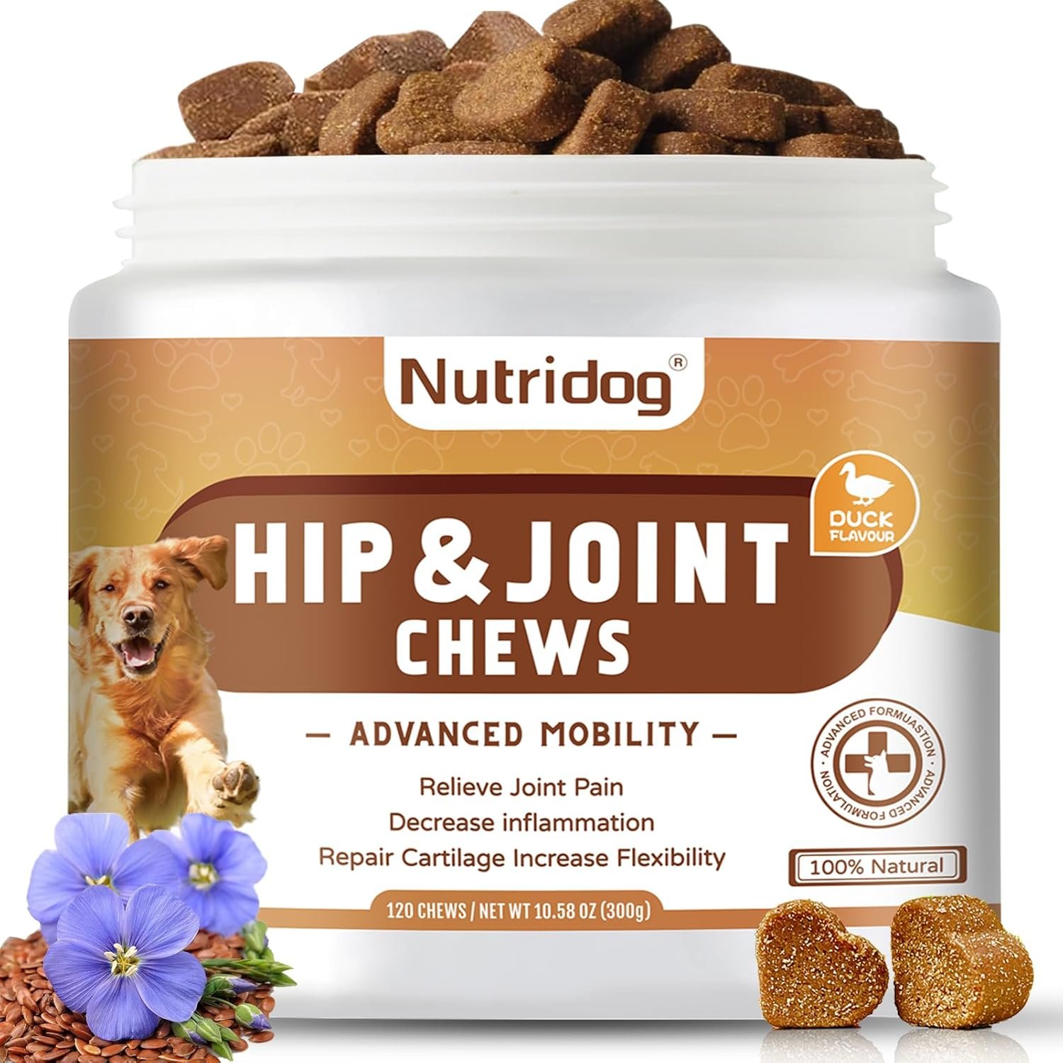 Hip and Joint Supplement for Dogs with Glucosamine, Chondroitin & MSM – Duck Flavor Joint Care Chews, 120 Count – Advanced Mobility Support – Senior Dog Approved (Duck)