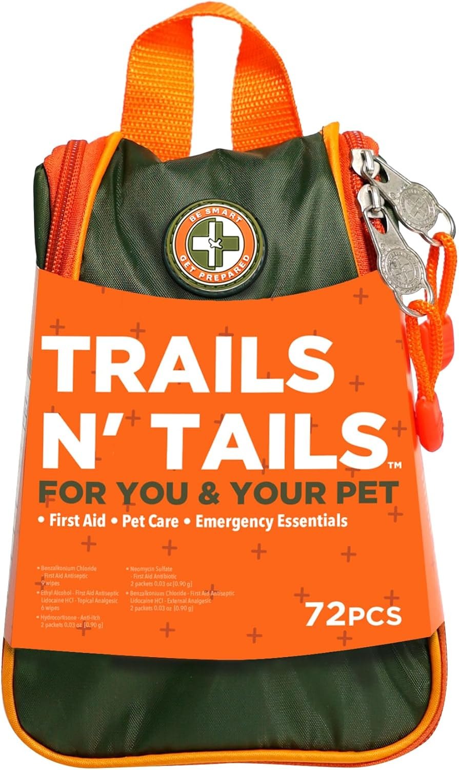 Be Smart Get Prepared Trails N’ Tails First Aid For You & Your Pet – 72 Pieces – Pet Care & Emergency Essentials – Designed for Pets, Outdoor, Auto & Home – Compact & Portable