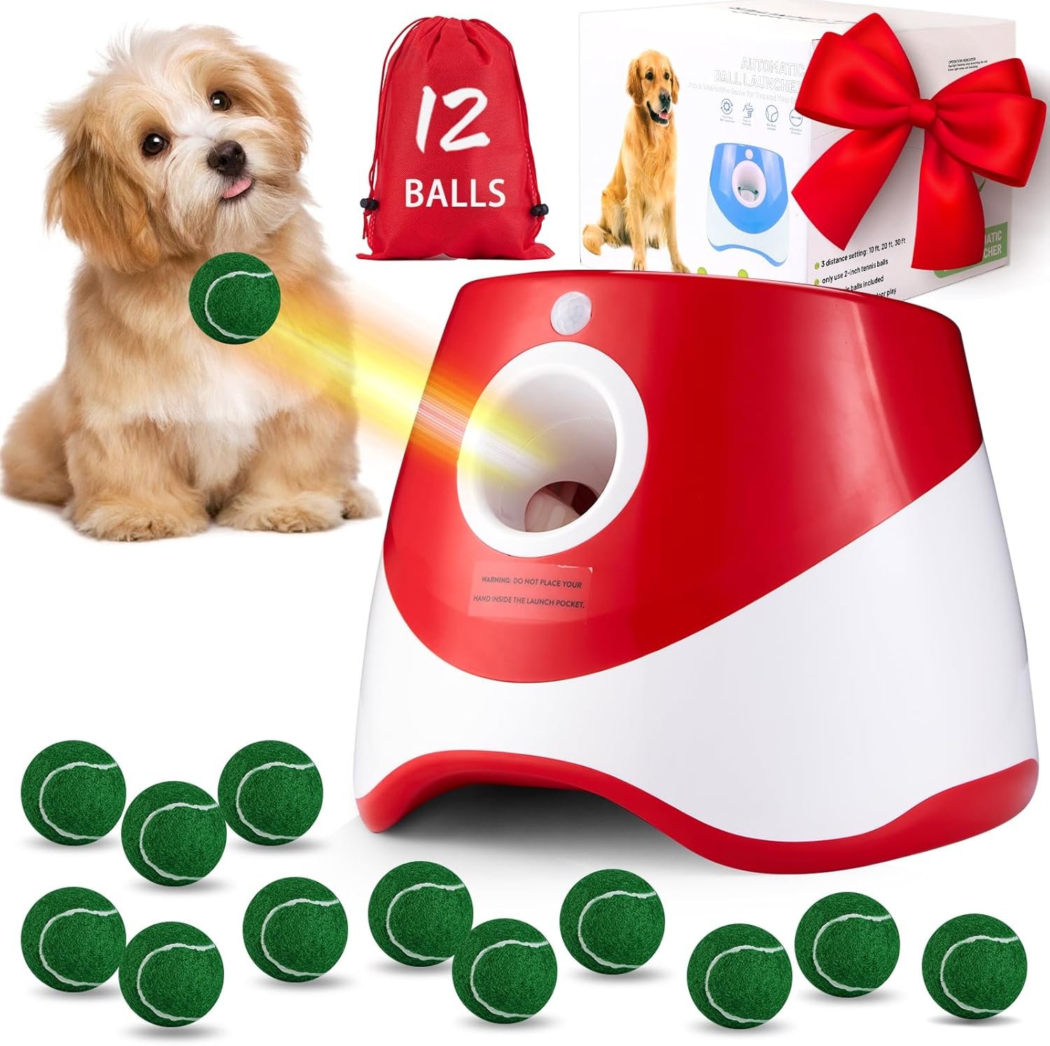 Automatic Ball Thrower for Dogs, Dog Ball Thrower Launcher with 10-30 Ft Distance, Rechargeable Automatic Dogs Toy, Dog Balls Launcher – Included 12pcs 2″ Balls, for Puppy (Red)
