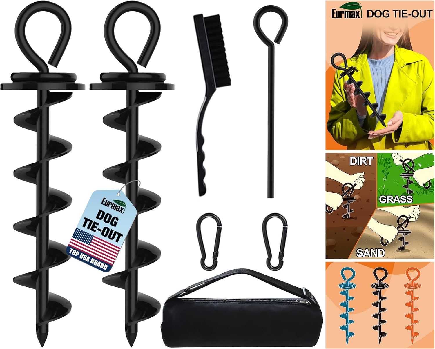 Eurmax USA Heavy Duty Dog Tie Out Stake for Large Dogs up to 210 lbs Dog Stakes for Outside,Dog Anchor, Gadgets, Accessories for Dogs,Dog Runner Leash Stake Trampoline Stakes(2,Medium,Black)