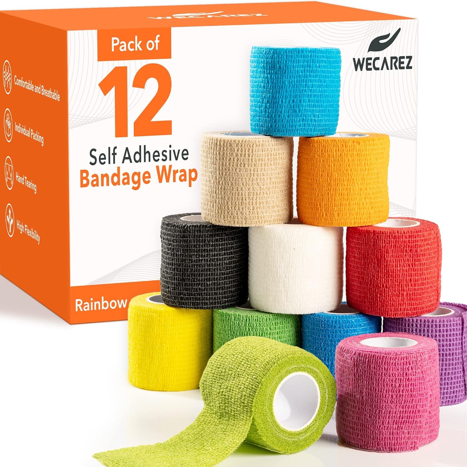 Self Adhesive Bandage Wrap 2 Inch x 5 Yards – Pack of 12 Multi Colored Cohesive Bandage, Non-Woven Vet Wrap for Dogs and Pets –Breathable Elastic Bandage Wrap for Ankles & Joint Sprains