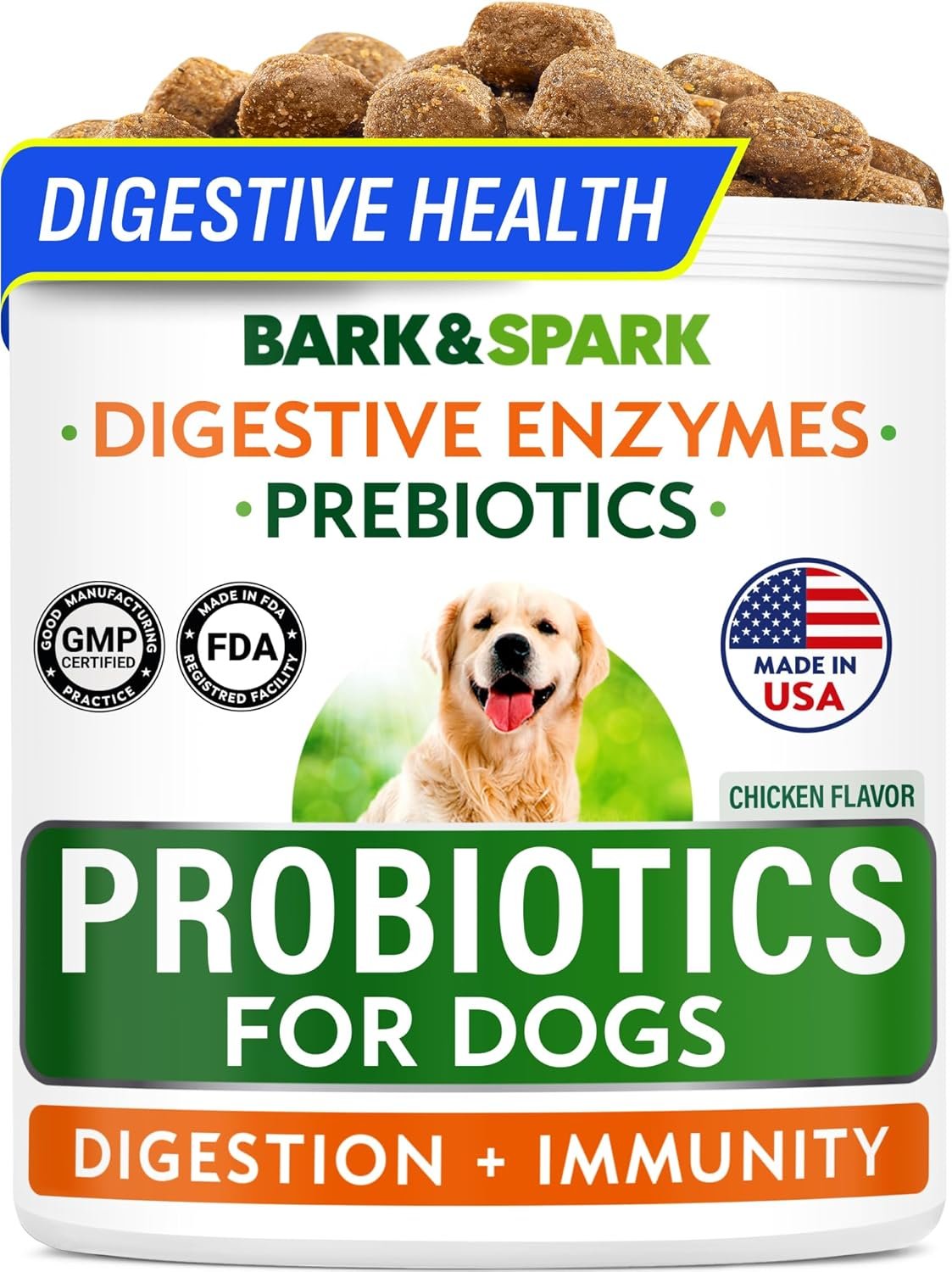 BARK&SPARK Probiotics for Dogs Digestive Health w/Enzymes – Diarrhea Gas Treatment Upset Stomach Relief – Allergy & Itchy Skin – Pet Dogs Probiotics – Digestion Supplement Treat (120Ct Chicken)