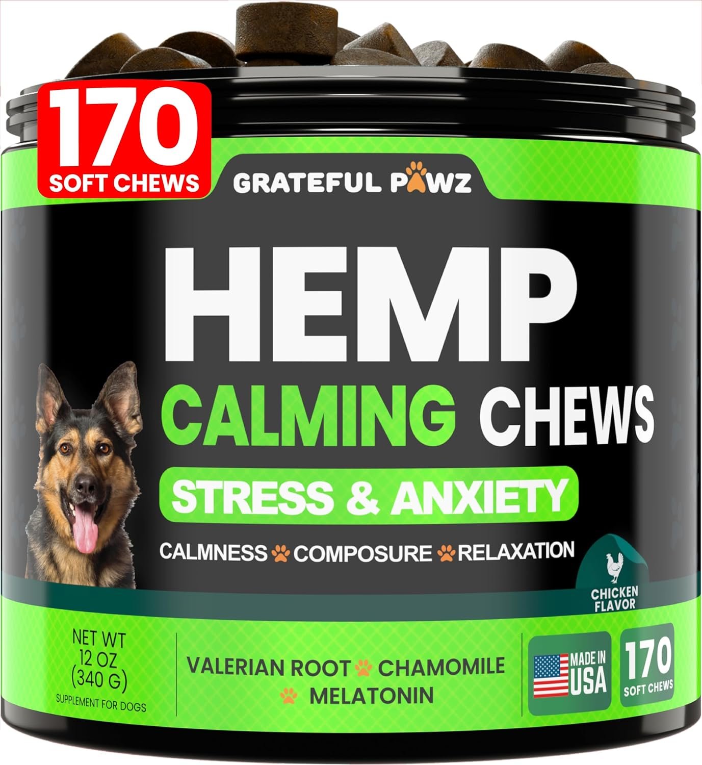 Grateful Pawz Hemp Calming Chews for Dogs – Dog Calming Chews – 170 Anxiety Relief Treats with Hemp Oil – Sleep Aid – Advanced Health Joint Support Supplement – Health & Wellness