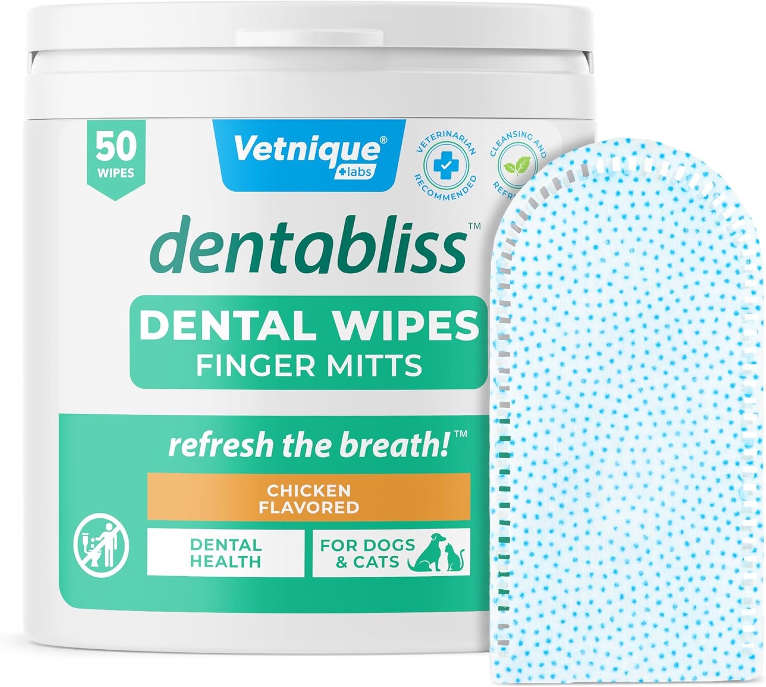 Vetnique Dentabliss – Dog Teeth Cleaning Finger Mitt Dental Wipe – Dog Plaque & Tartar Prevention with Brushing Beads – Flavored Dog Teeth Wipes, Dog Breath Freshener (Chicken)