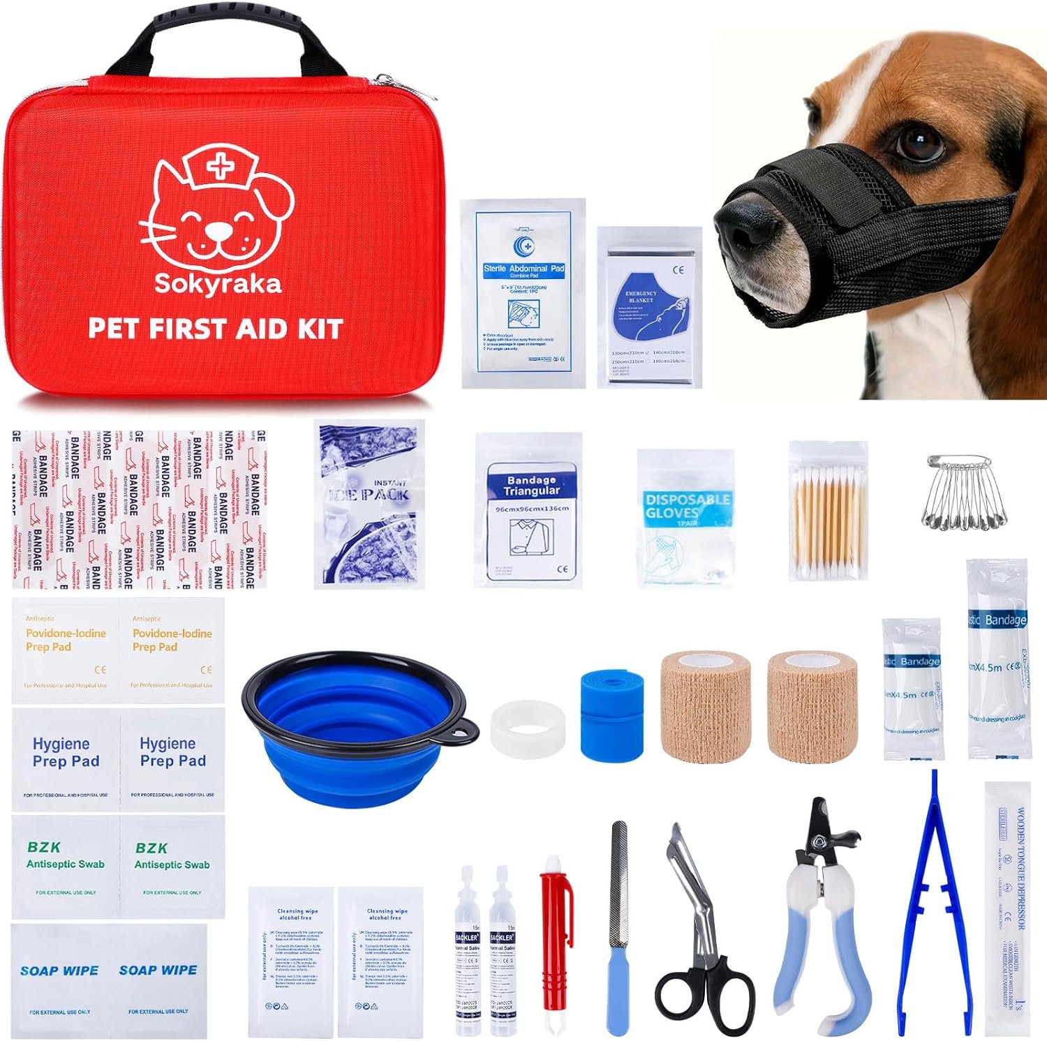 Dog First Aid Kit (39 PCS) for Car, Travel & Camping – Pet Emergency Kit for Dogs & Cats with Muzzle, Collapsible Water Bowl, Tweezers & Scissors – Portable Water-Resistant Bag for Home & Road Trips